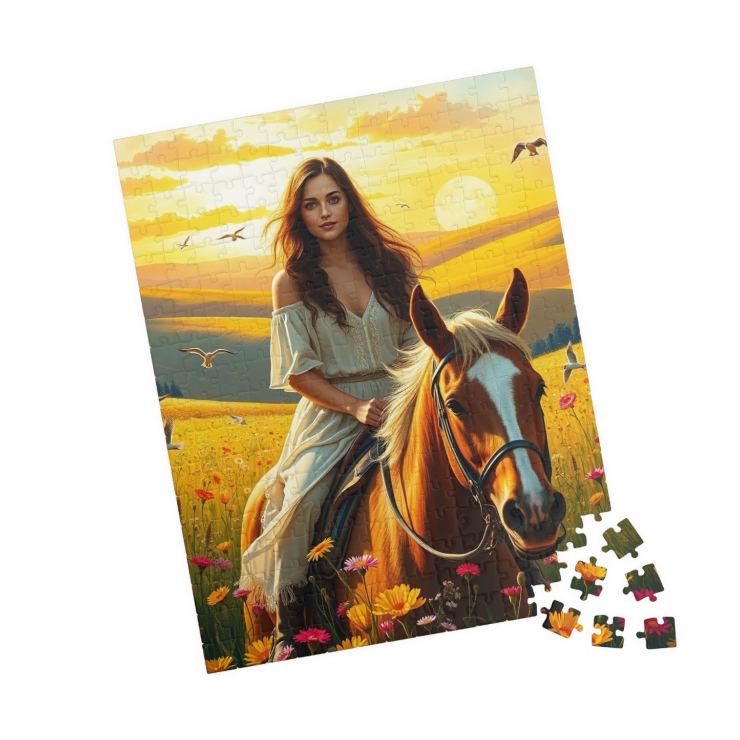 Woman on Horseback in Sunlit Wildflower Field Puzzle, Equestrian Horse Scene Jigsaw Game, Mindful Activity, Puzzle Animal and Art Lover Gift Puzzle The Puzzle Chest