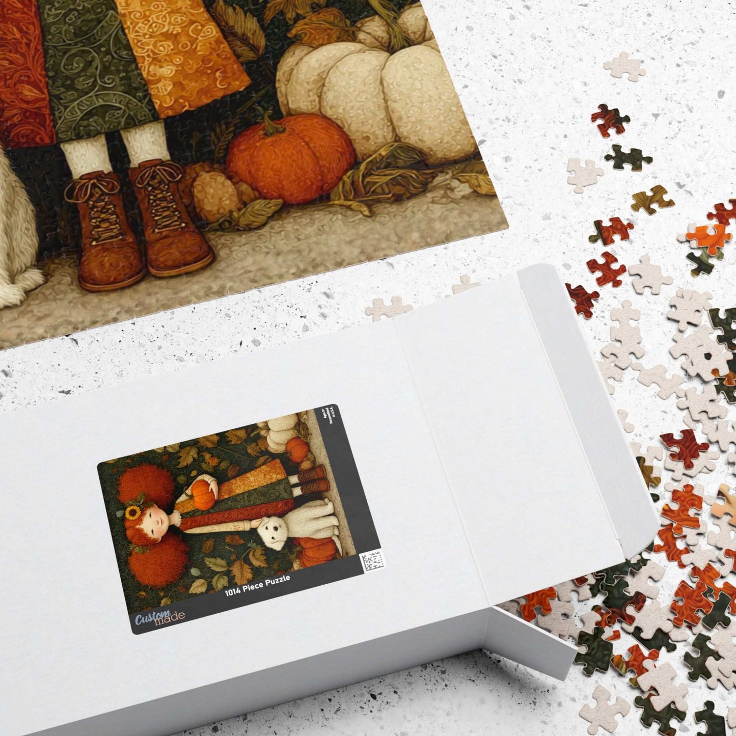 Pumpkin Patch Storybook Fairy-Tale Puzzle – Red-Haired Girl and White Terrier in a Whimsical Autumn Scene Puzzle The Puzzle Chest