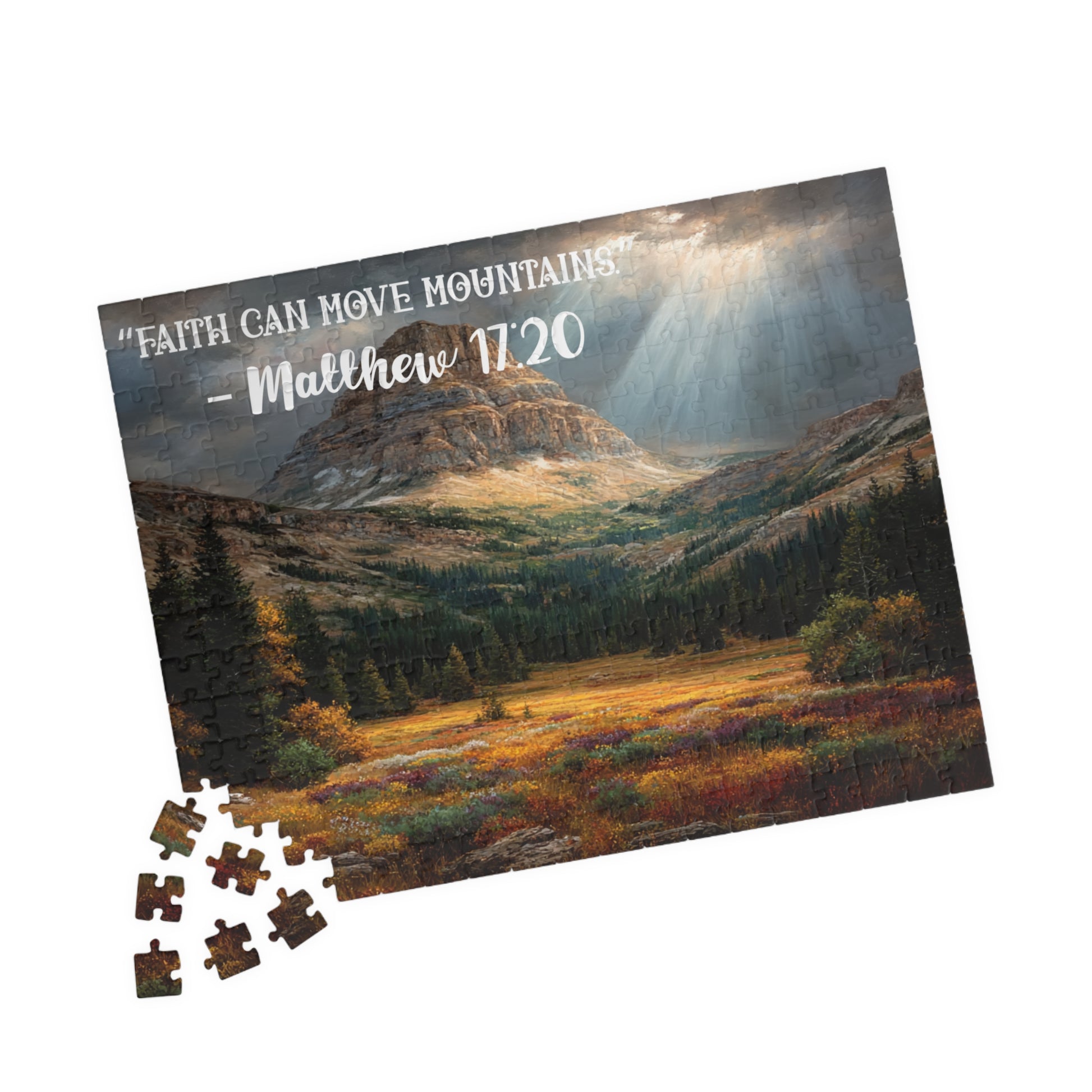 Faith Moves Mountains Jigsaw Puzzle - Inspirational Bible Quote Matthew 17:20, Gift for Christian Nature Lover, Spiritual Gift 252 pcs (Horizontal) Puzzle The Puzzle Chest