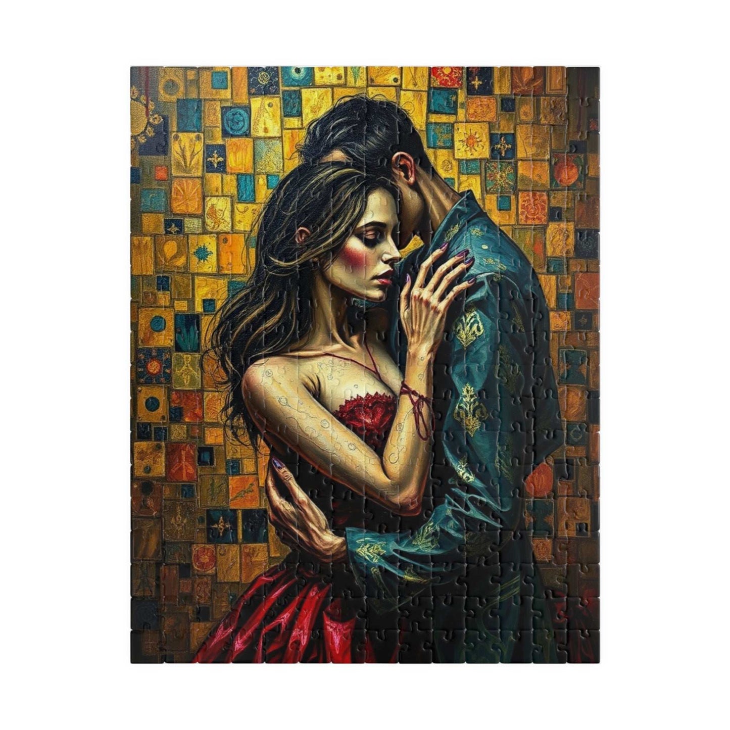 Romantic Embrace Gothic Jigsaw Puzzle, Eerie Couple Hugging Golden Jewel-Toned Patterns, Stress Relief, Unique Dark Art Puzzle Lover Gift 252 pcs (Vertical) Puzzle The Puzzle Chest