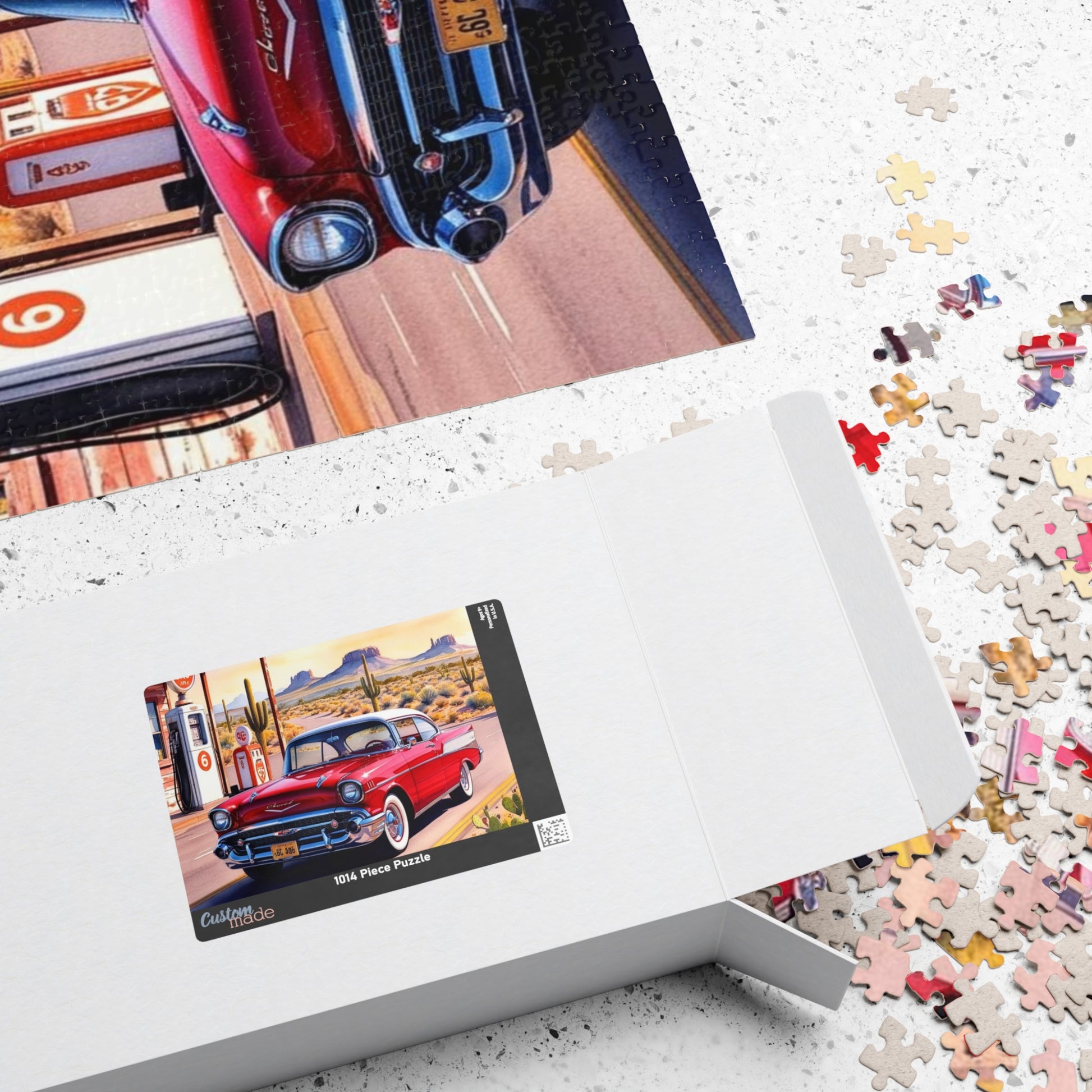 Vintage Vehicle Puzzle, 1957 Bel Air on Route 66 Retro Gas Station Desert Landscape Scenery Puzzle The Puzzle Chest