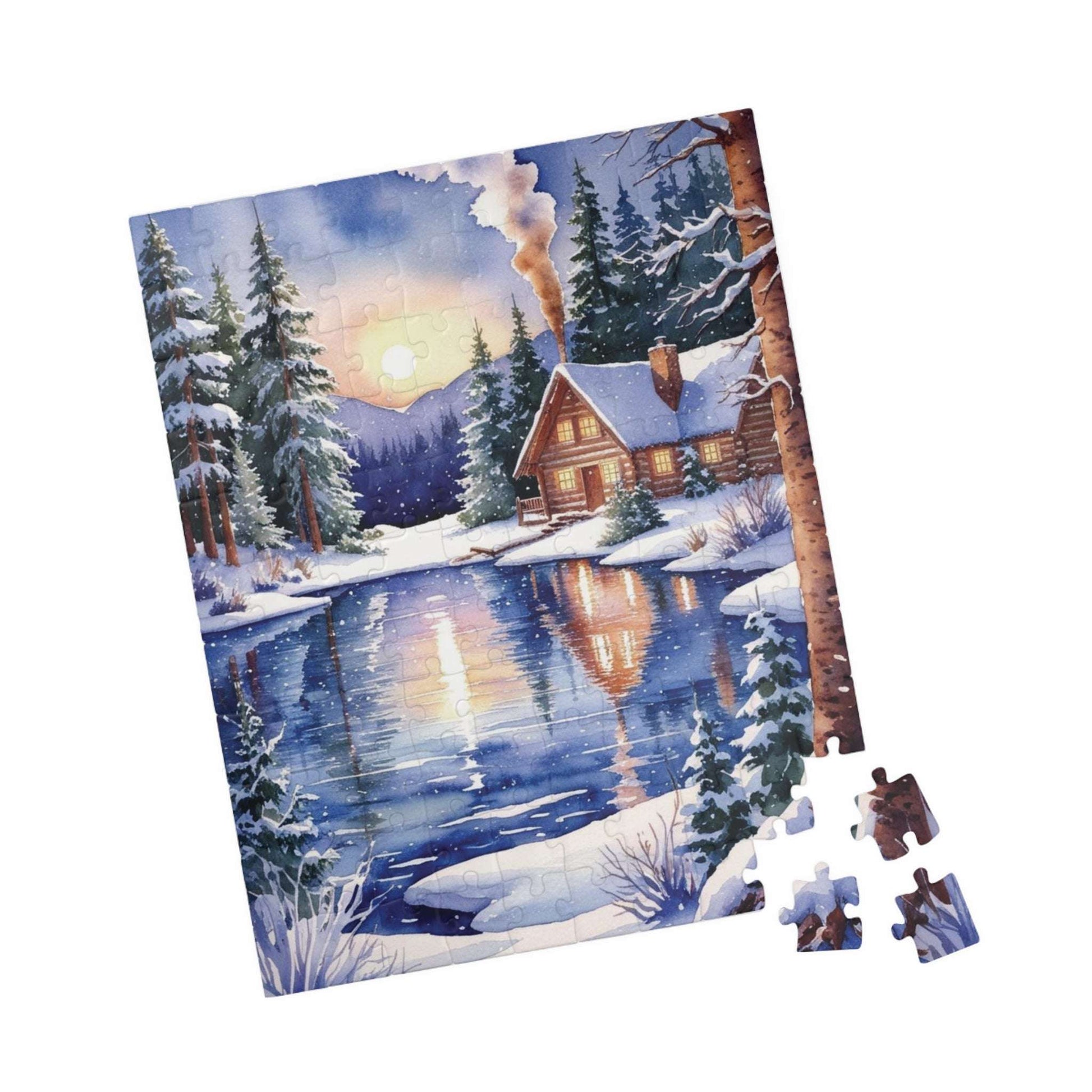Winter Snowy Landscape Jigsaw Puzzle, Cozy Log Cabin, 110-1014 Piece Puzzle, Watercolor Style, Christmas Gift, Relaxing Activity, Giftable Puzzle The Puzzle Chest