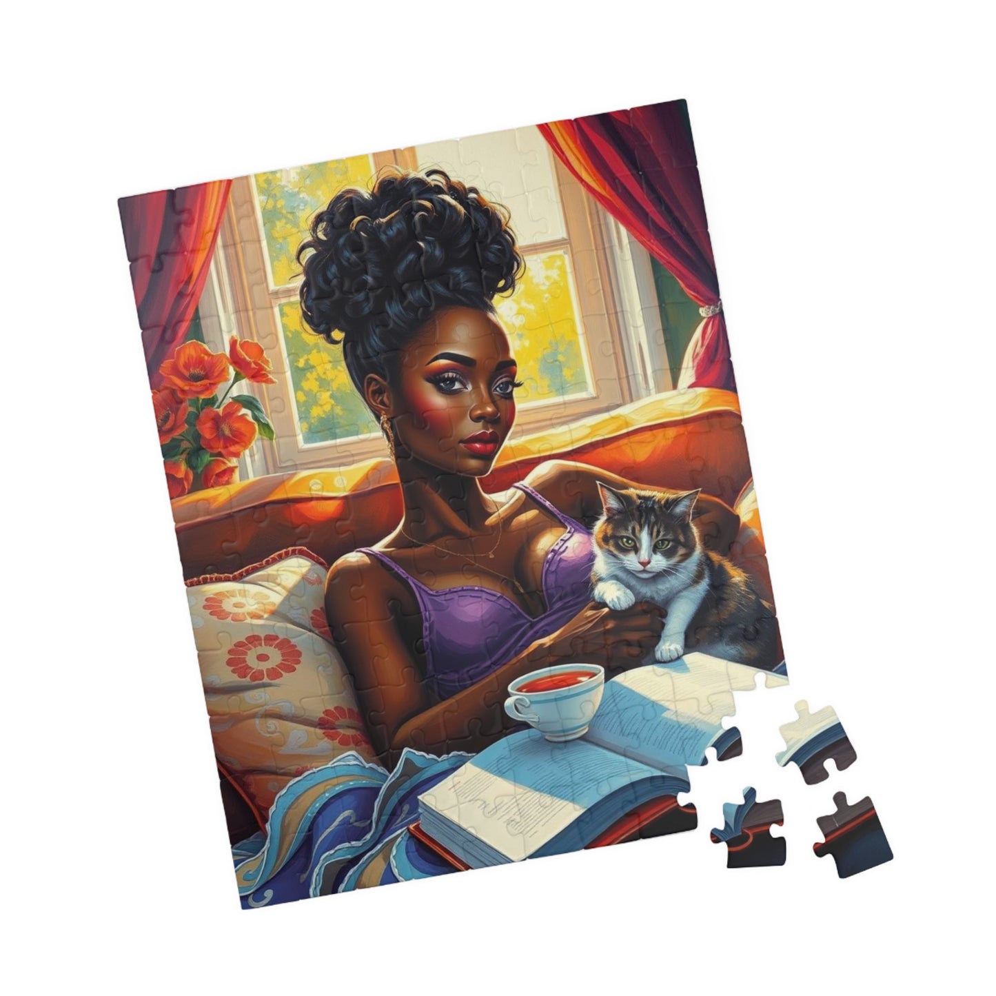 Cozy Day Jigsaw Puzzle, Black Woman and Cat, Black Woman Art, Home Entertainment, African American Gift for Cat Lovers, Mindfulness Activity Puzzle The Puzzle Chest