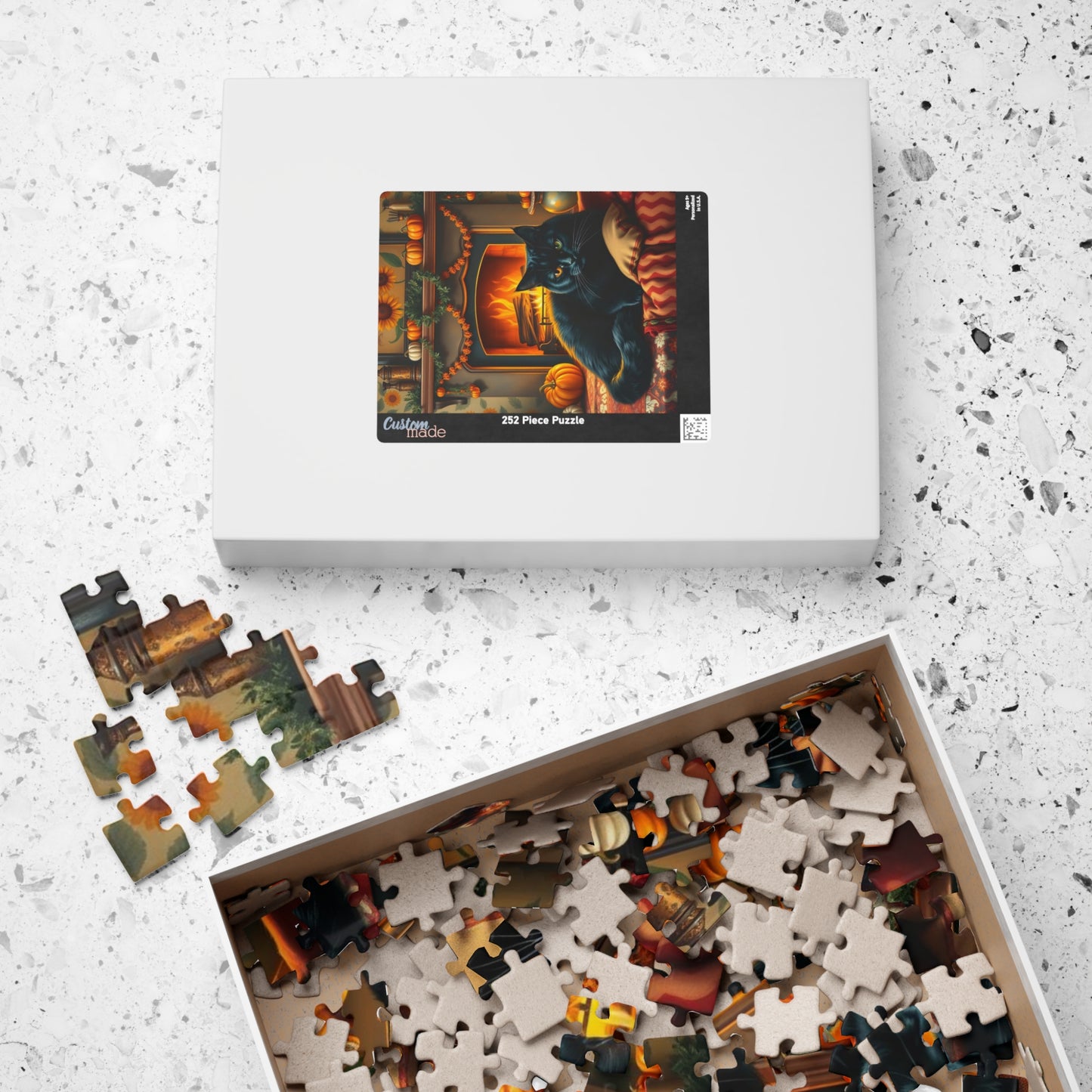 Hearthside Patch Paw Jigsaw Puzzle, Cozy Autumn Adult Folk Art Game with Black Cat and Pumpkins, Gift for Cat Lover, Fall Decor, Family Fun