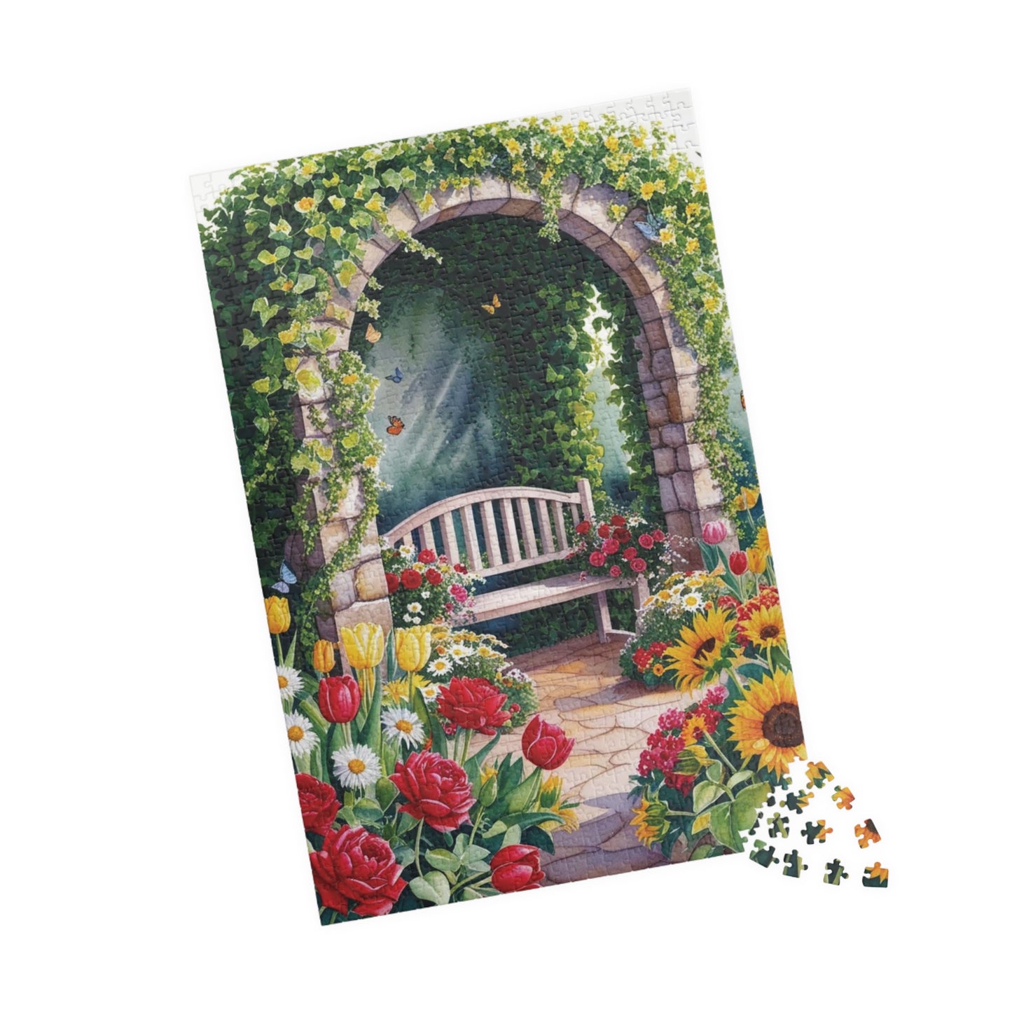 Jigsaw Puzzle, Flower Garden Mosaic Puzzle, Roses Tulips Daisies Sunflowers, Wooden Bench Ivy Butterflies, 110 252 520 1014 pieces, Gift for Puzzle The Puzzle Chest