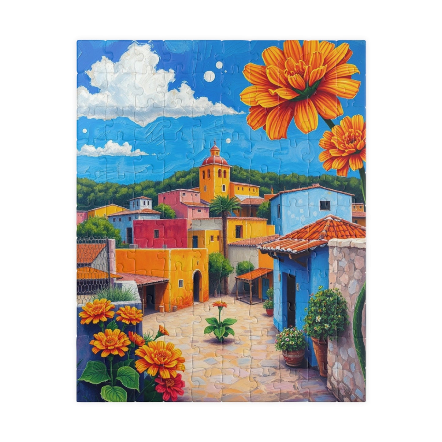 Mexican Village Jigsaw Puzzle, 110 252 520 1014 Pieces, Colorful Houses Milagros Marigolds Blue Sky, Gift for Puzzle Enthusiasts, Mindful 110 pcs (Vertical) Puzzle The Puzzle Chest