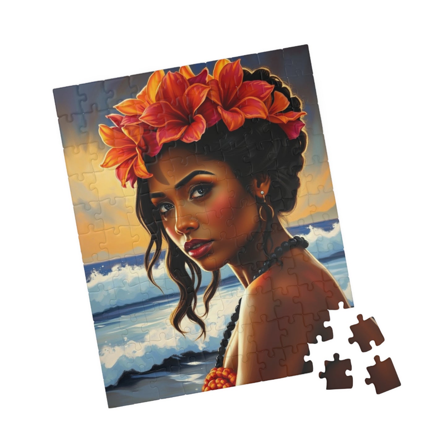 Close-Up Portrait Puzzle of Polynesian Woman, Beach Background Floral Crown Ocean Waves, Cultural Art Family Jigsaw Game, Puzzle Lover Gift Puzzle The Puzzle Chest