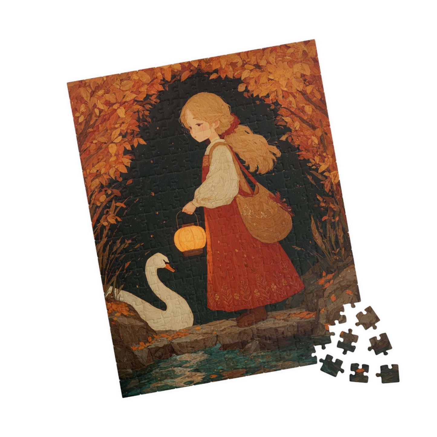 Storybook Autumn Pond Fairy-Tale Jigsaw Puzzle - Girl and Swan, Fall Themed Game for Home Activity, Holiday Gift, Quiet Hobby, Brain Teaser 252 pcs (Vertical) Puzzle The Puzzle Chest