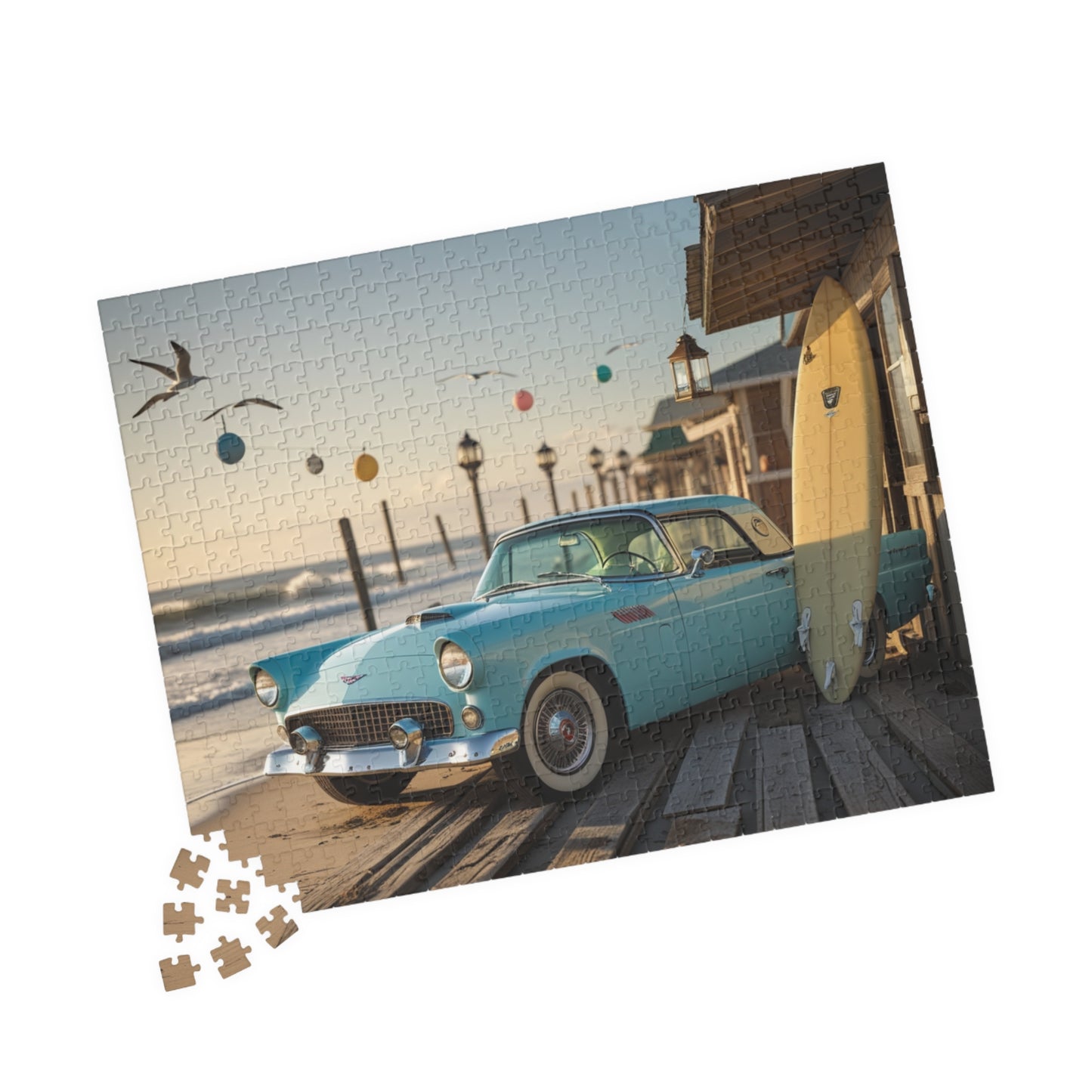 Vintage Car Jigsaw Puzzle - Classic 1955 Thunderbird | Retro Auto Beach Scene Puzzle The Puzzle Chest