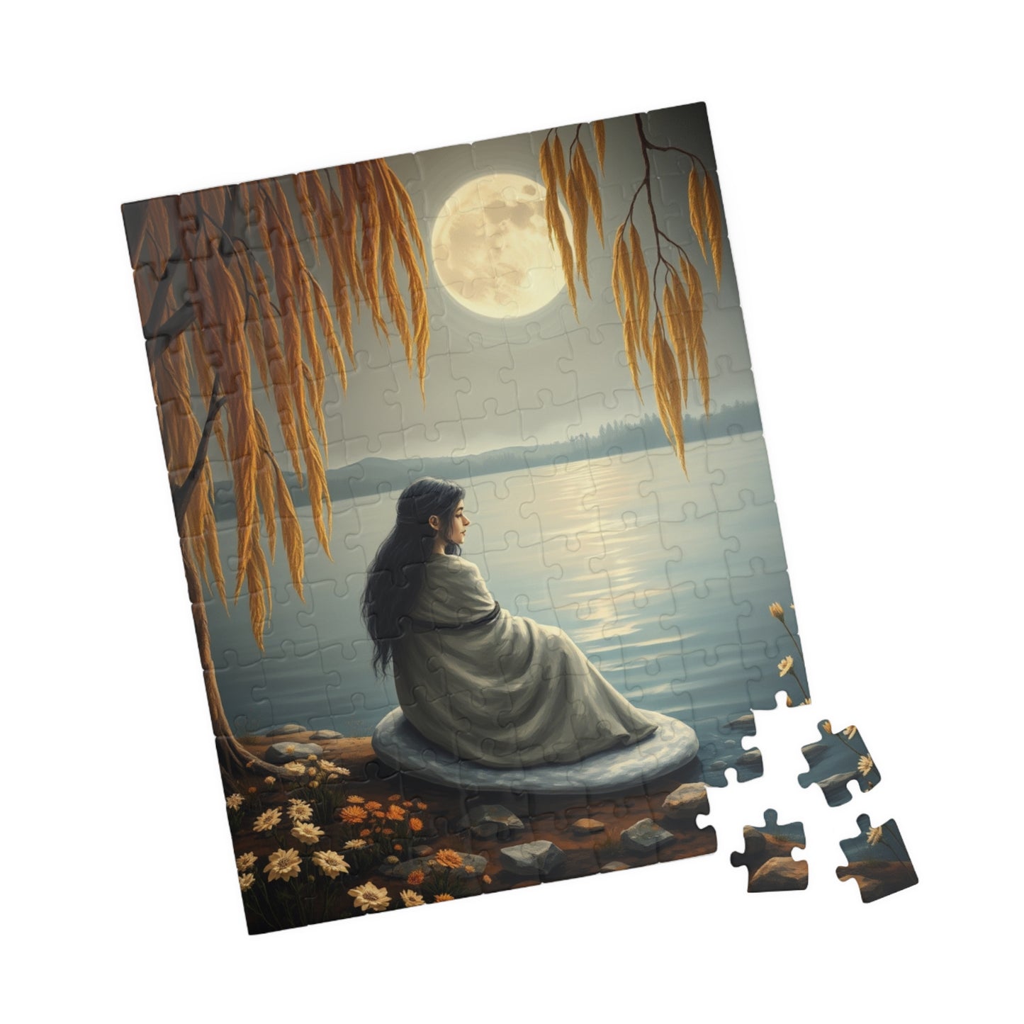 Mythical Jigsaw Puzzle, Moonlit Lake with Selkie, 110/252/520/1014-piece, Willow Trees, Flowers, Sealskin Cloak, Gift for Fantasy Lover Puzzle The Puzzle Chest