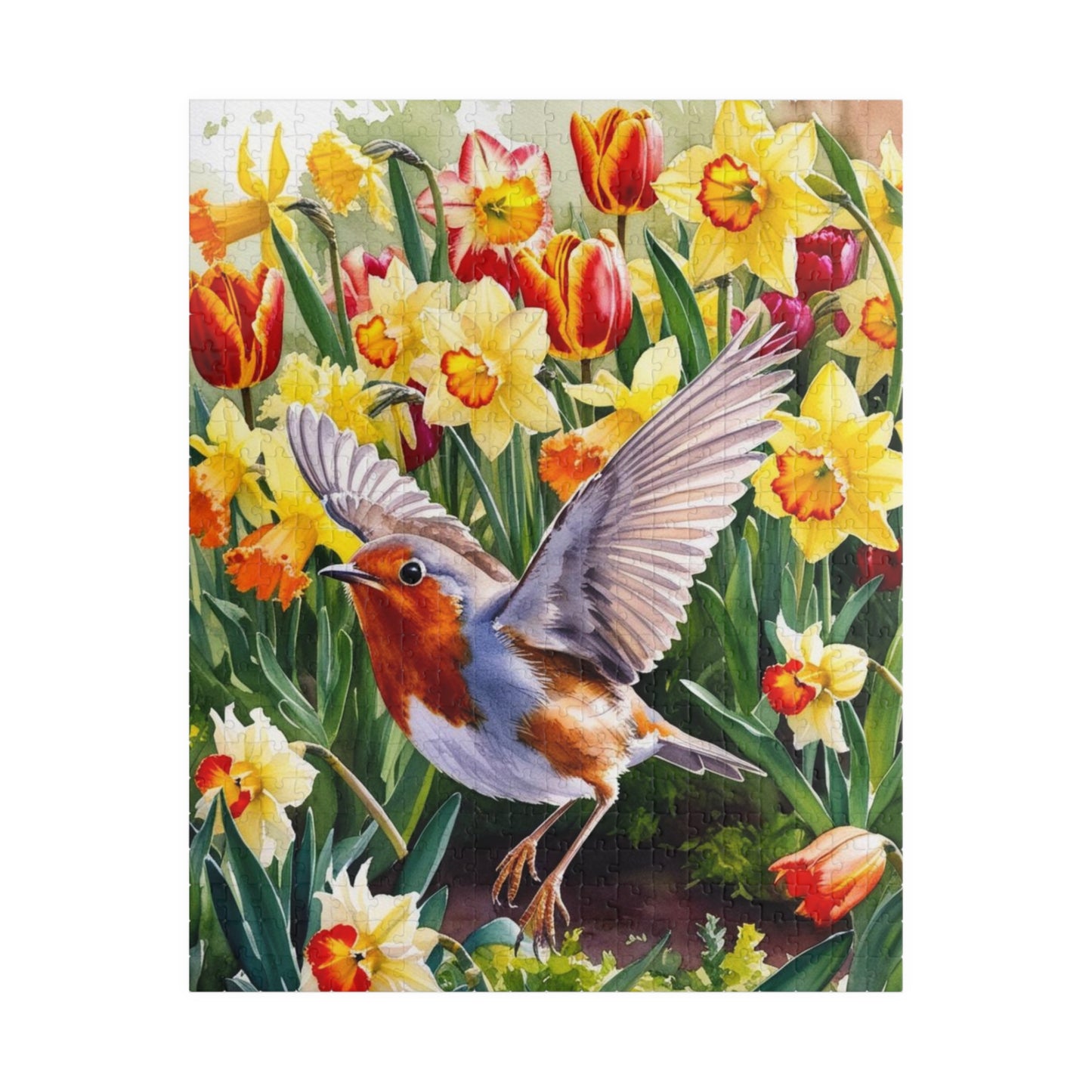 Robin Bird Flying Garden Puzzle, Tulips Daffodils Spring Landscape Jigsaw, 110 252 520 1014 Piece Game, Relaxation Hobby Gift, Nature 520 pcs (Vertical) Puzzle The Puzzle Chest