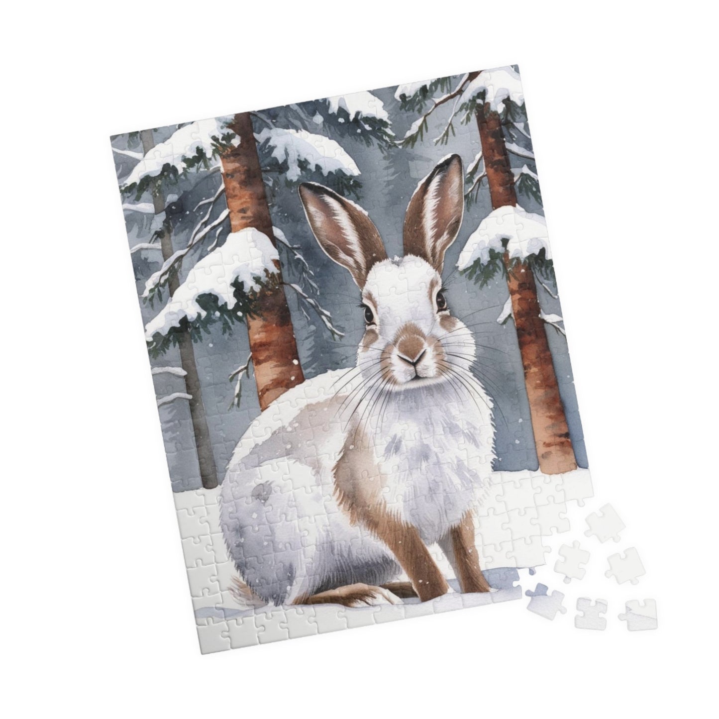 Snowshoe Rabbit Jigsaw Puzzle, Winter Landscape, Wildlife, Animal Puzzle, Winter Scene, Camouflage Puzzle, Snowy Rabbit Puzzle