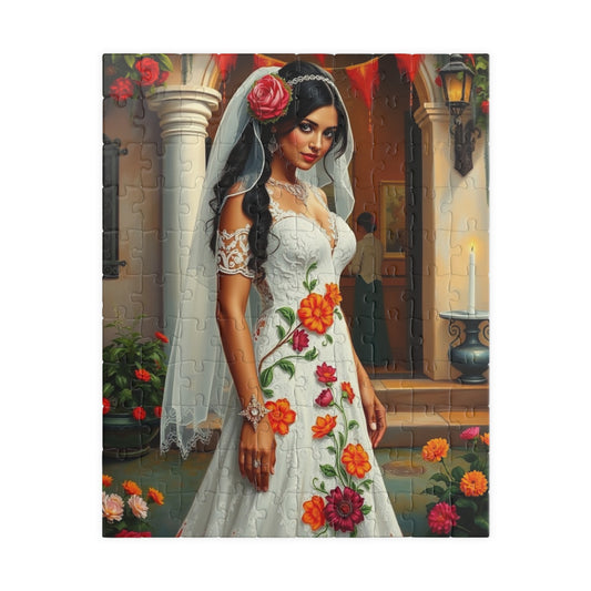 Puzzle - Mexican Bride in Lace Gown, Otomi Flowers Hacienda Candles, 110-1014 Piece Jigsaw, Wedding Dress Design, Cultural Artwork Folklore 110 pcs (Vertical) Puzzle The Puzzle Chest