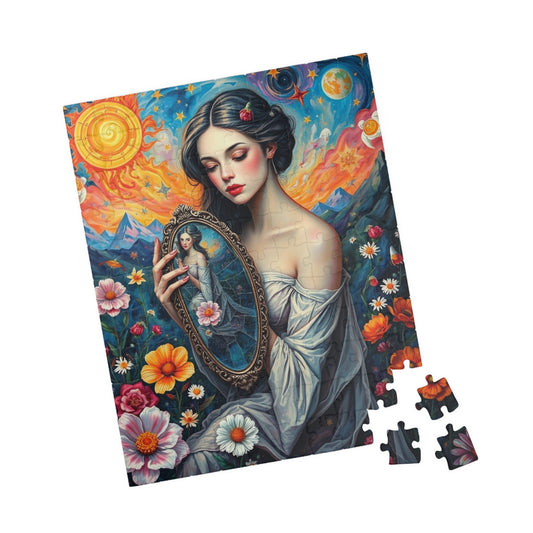 Dreamlike Self-Reflection Jigsaw Puzzle with Vibrant Flowers and Stars, Frida Kahlo Inspired, 110-1014 Piece Gift for Puzzle Art Lover 110 pcs (Vertical) Puzzle The Puzzle Chest