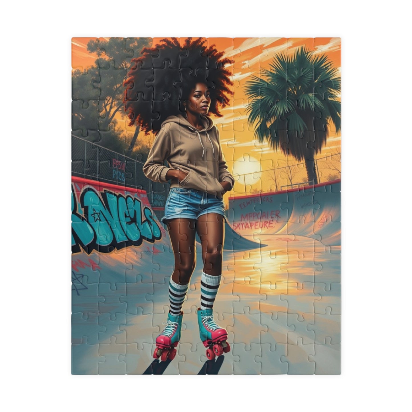 Skateboarder Jigsaw Puzzle, Retro Vibe African American Woman, Nostalgic Gift for Adults, Unique Game for Fun Family Night, Puzzle Lover 110 pcs (Vertical) Puzzle The Puzzle Chest