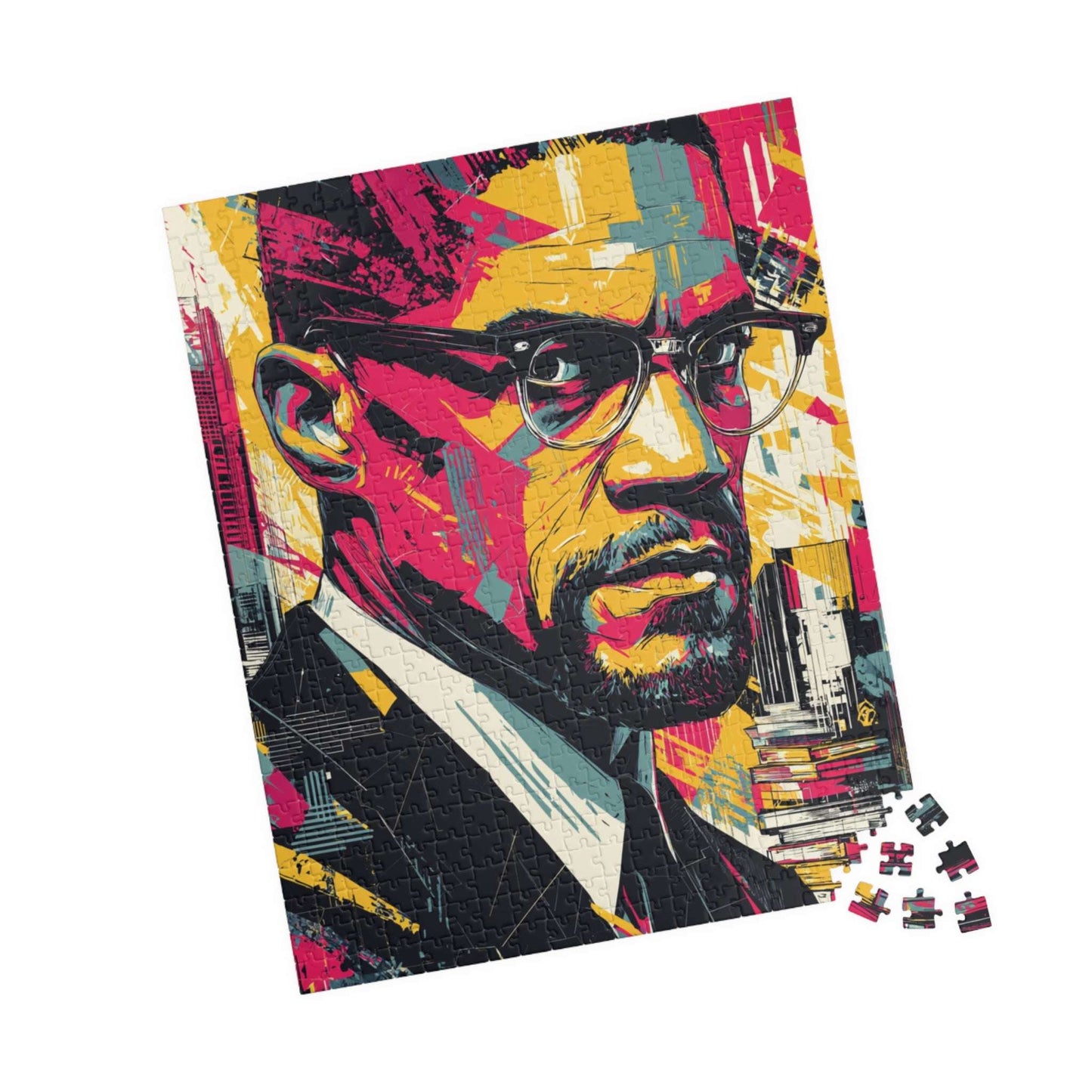 Malcolm X Civil Rights Leader Puzzle – Afrocentric Pop Art, Historical Black Man Art, Geometric Bold Colors, Educational African American Tribute Gift 520 pcs (Vertical) Puzzle The Puzzle Chest