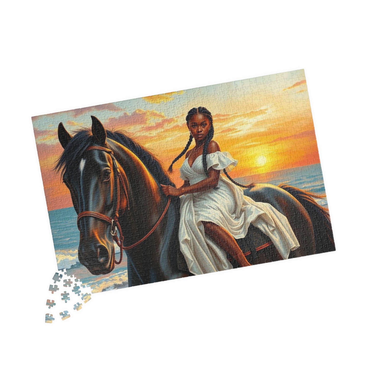 Sunset Horse Jigsaw Puzzle - Black Woman African American Art, Equestrian Gift for Animal Lover Friend, Family Activity, Home Entertainment Puzzle The Puzzle Chest