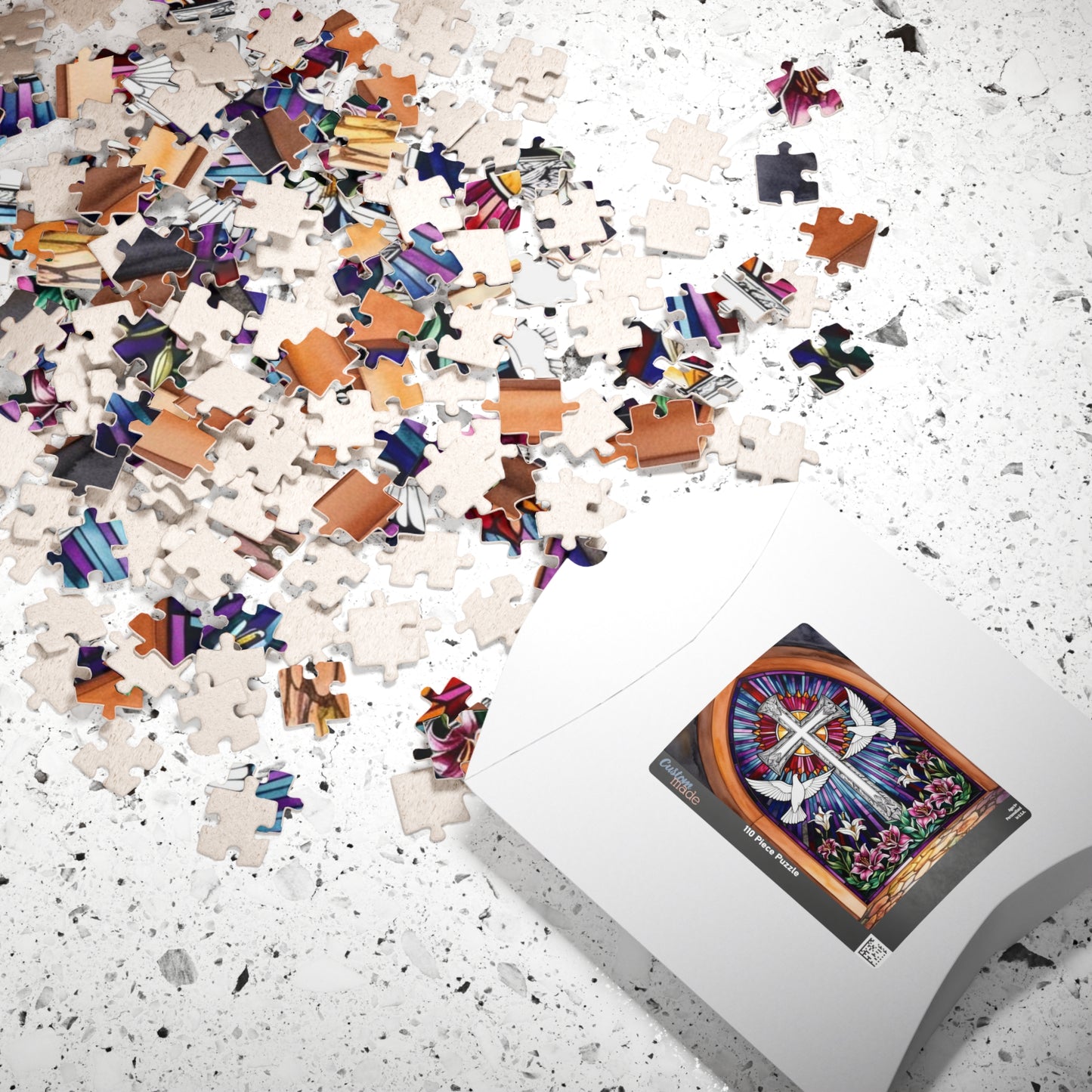 Stained Glass Cross Puzzle, Dove and Lily Flower Design, Faith-Based Christian Jigsaw Game for Adults, Mindful Hobby Gift for Puzzle Lover