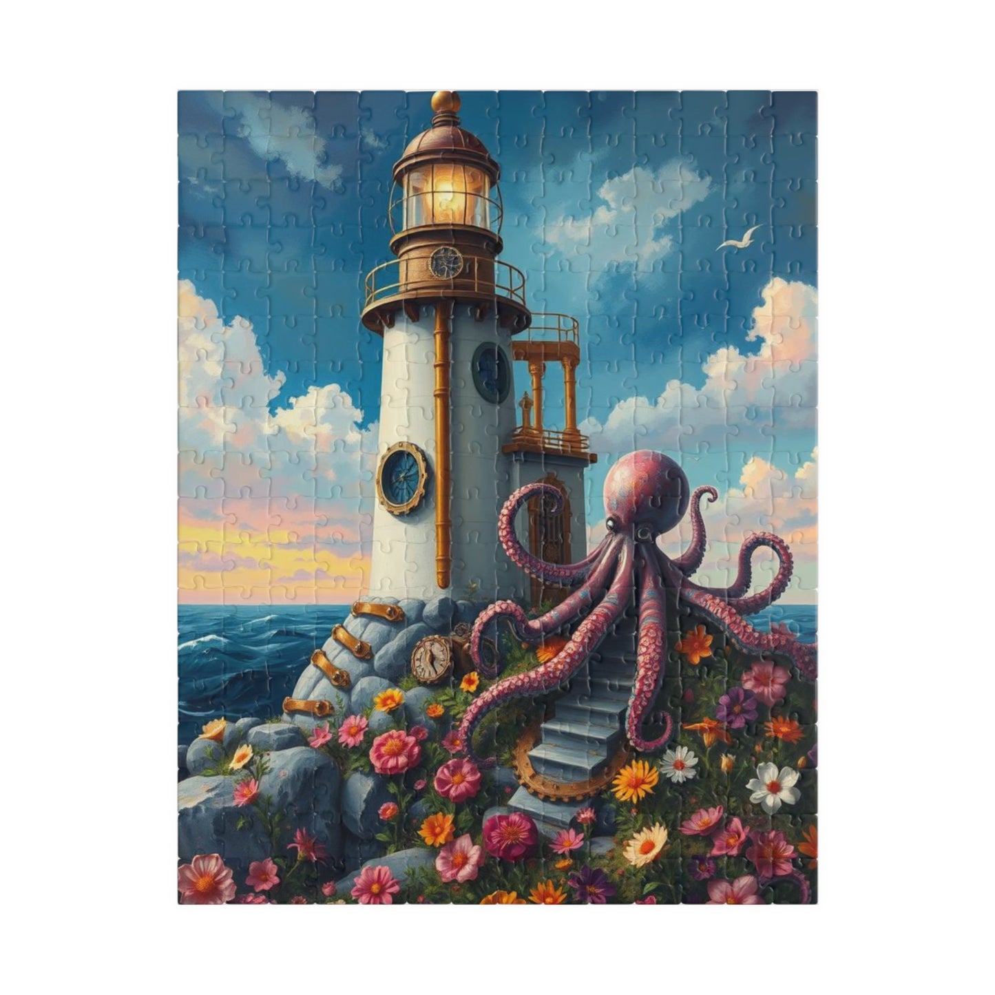 Whimsical Octopus Lighthouse Puzzle, 110 252 520 1014-piece Steampunk Animal Jigsaw, Fun Gift for Ocean Lovers, Family Game Night, Nautical 252 pcs (Vertical) Puzzle The Puzzle Chest