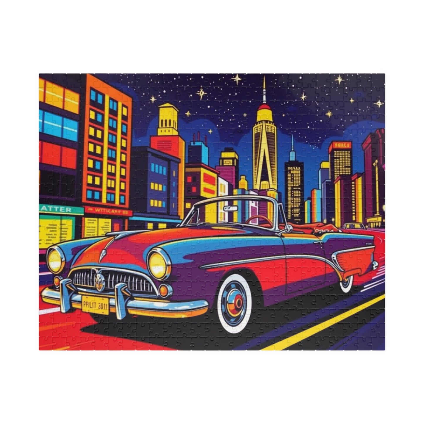 Classic Car Puzzle - Pop Art Jigsaw Game, Retro City Night Scene 520 pcs (Horizontal) Puzzle The Puzzle Chest