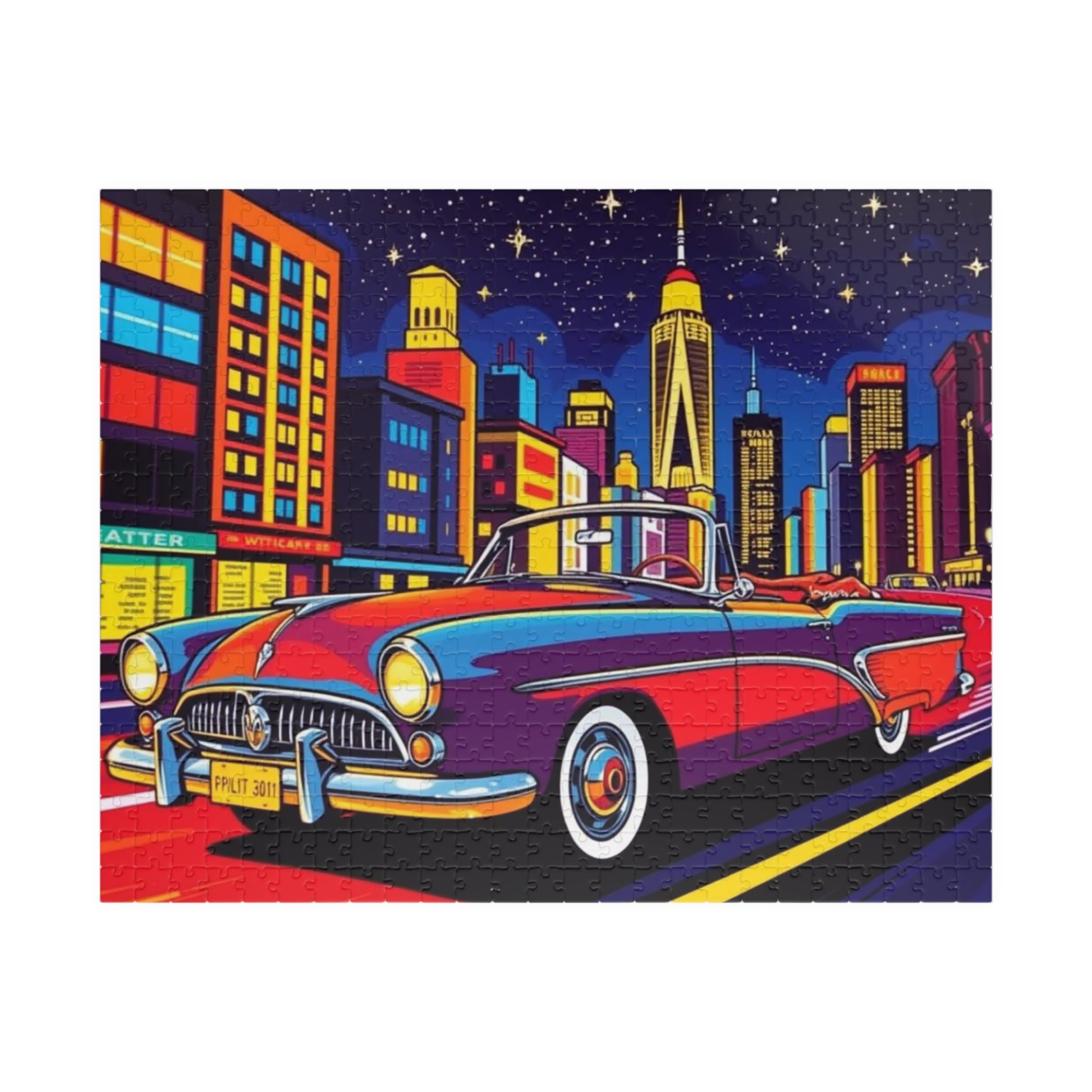 Classic Car Puzzle - Pop Art Jigsaw Game, Retro City Night Scene 520 pcs (Horizontal) Puzzle The Puzzle Chest