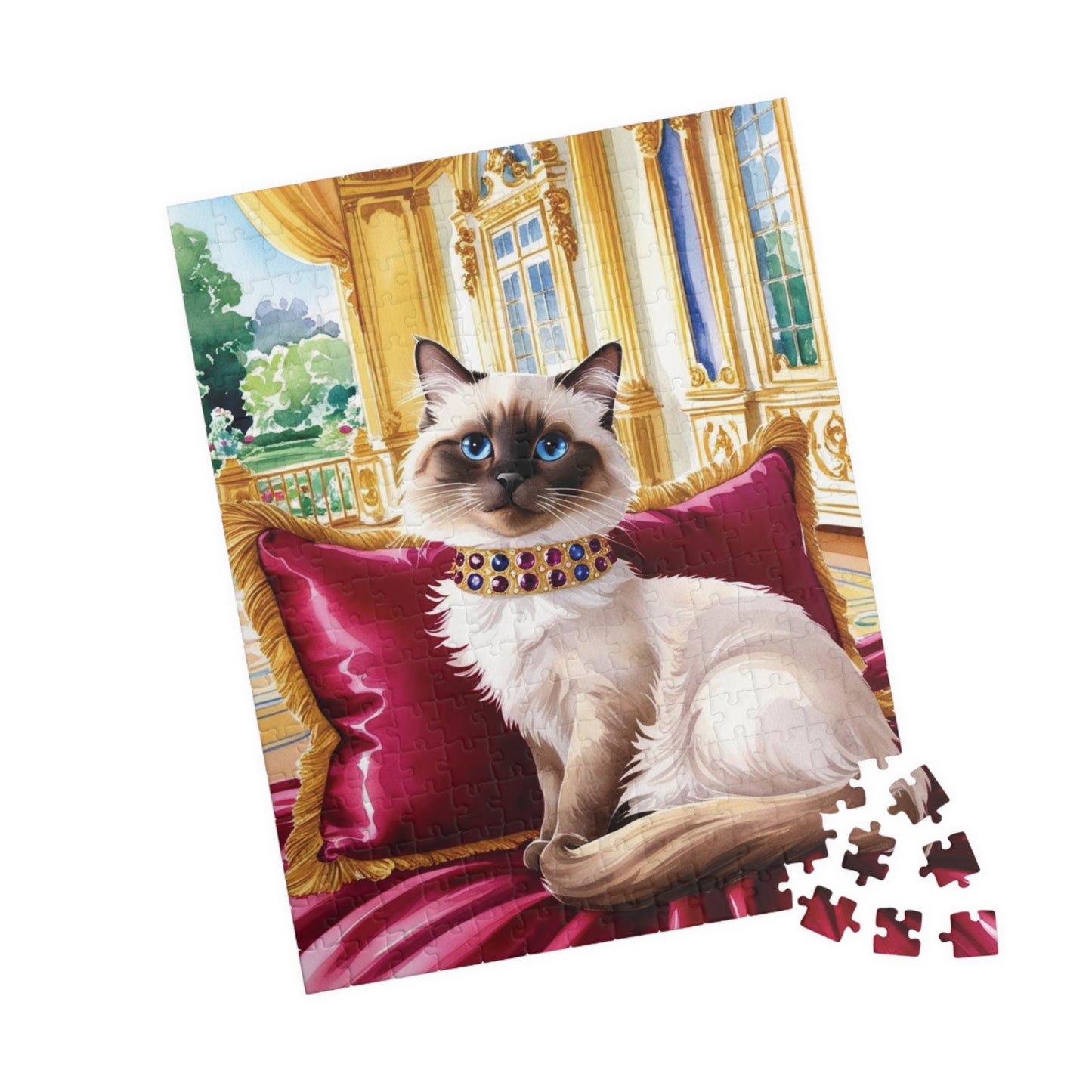 Jigsaw Puzzle - Siamese Cat with Jeweled Collar, Opulent Palace Room, Animal Puzzle, Relaxing Cat Puzzle, Silk Pillow Puzzle, Cat Lover Gift Puzzle The Puzzle Chest