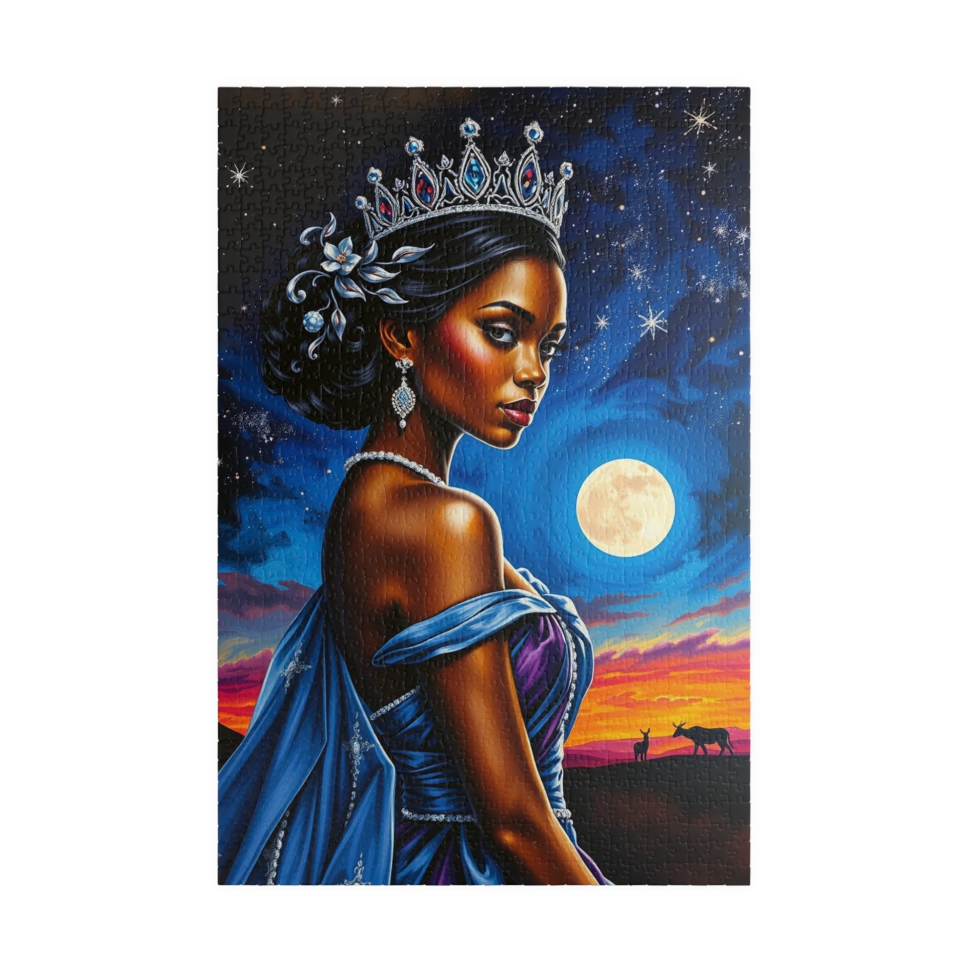 Celestial Themed African Princess Puzzle, Moon Stars Animal Silhouette, Vibrant Blue Afrocentric Game, Mindful Activity, Puzzle Lover Gift 1014 pcs (Vertical) Puzzle The Puzzle Chest