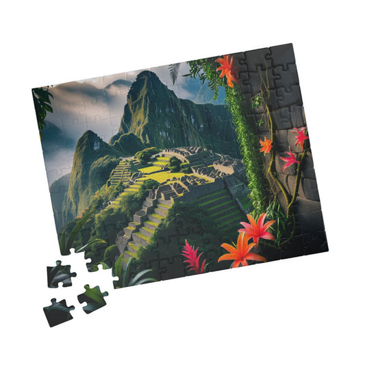 Machu Picchu Historic Landmark Puzzle, Jungle Vines Tropical Flowers, South American Travel Jigsaw Game, Nature Inspired Puzzle Lover Gift 110 pcs (Horizontal) Puzzle The Puzzle Chest
