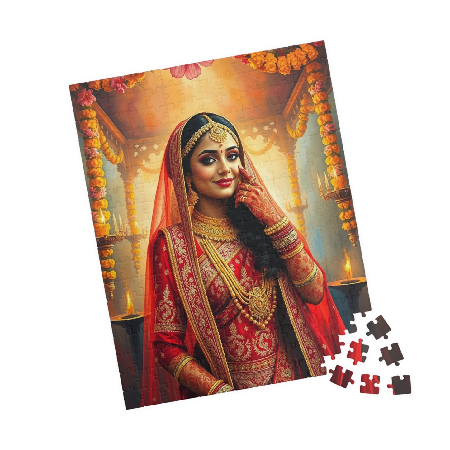 Puzzle, Indian Bride in Red and Gold Lehenga, Henna and Gold Jewelry, 520-Piece Jigsaw, Meditation, Relaxation, Mindfulness, Indian Wedding Puzzle The Puzzle Chest