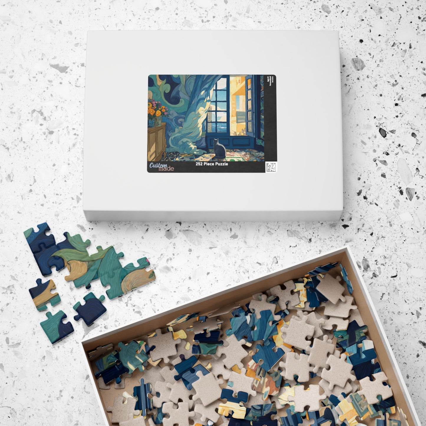 Cat and the Blue Window – Serene Fauvist Jigsaw Puzzle, Animal Theme Seaside Kitten Puzzle, Matisse-Inspired Puzzle The Puzzle Chest