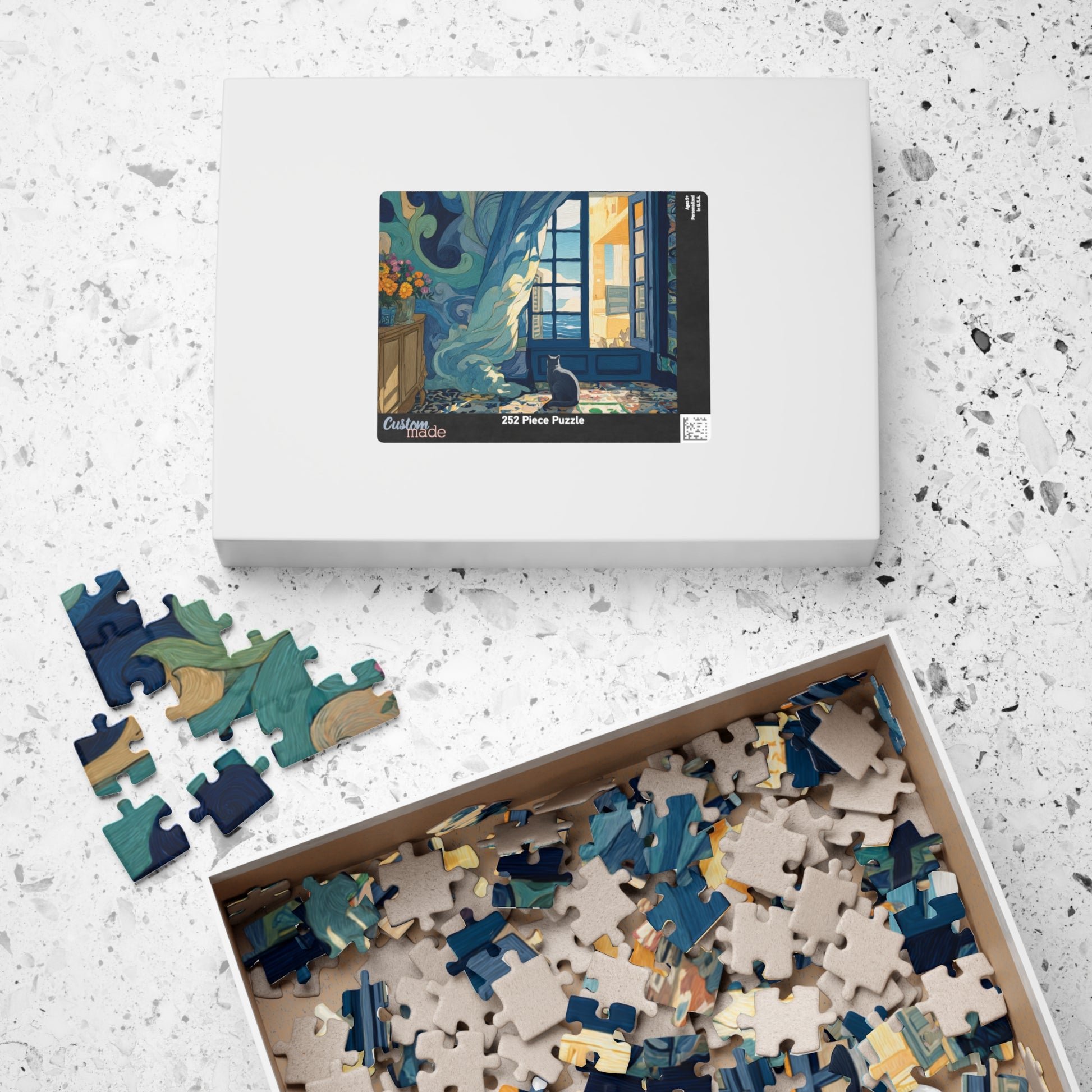 Cat and the Blue Window – Serene Fauvist Jigsaw Puzzle, Animal Theme Seaside Kitten Puzzle, Matisse-Inspired Puzzle The Puzzle Chest