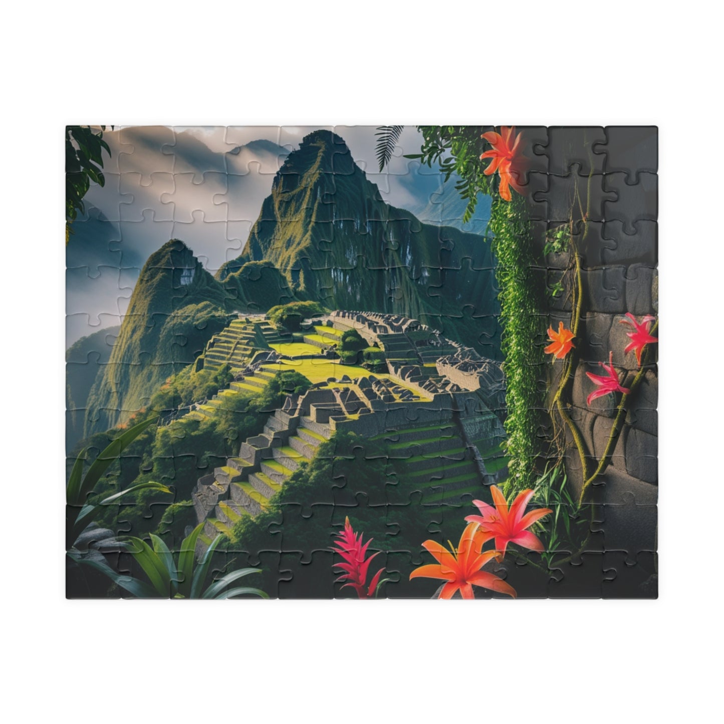 Machu Picchu Historic Landmark Puzzle, Jungle Vines Tropical Flowers, South American Travel Jigsaw Game, Nature Inspired Puzzle Lover Gift 110 pcs (Horizontal) Puzzle The Puzzle Chest