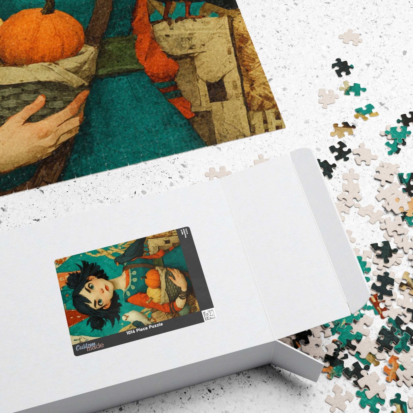 Whimsical Harvest Festival Jigsaw Puzzle - Asian Girl Fairy-Tale Autumn Scene with Doves, Gourds, Hay Bales, Crates, and Festive Banners Puzzle The Puzzle Chest