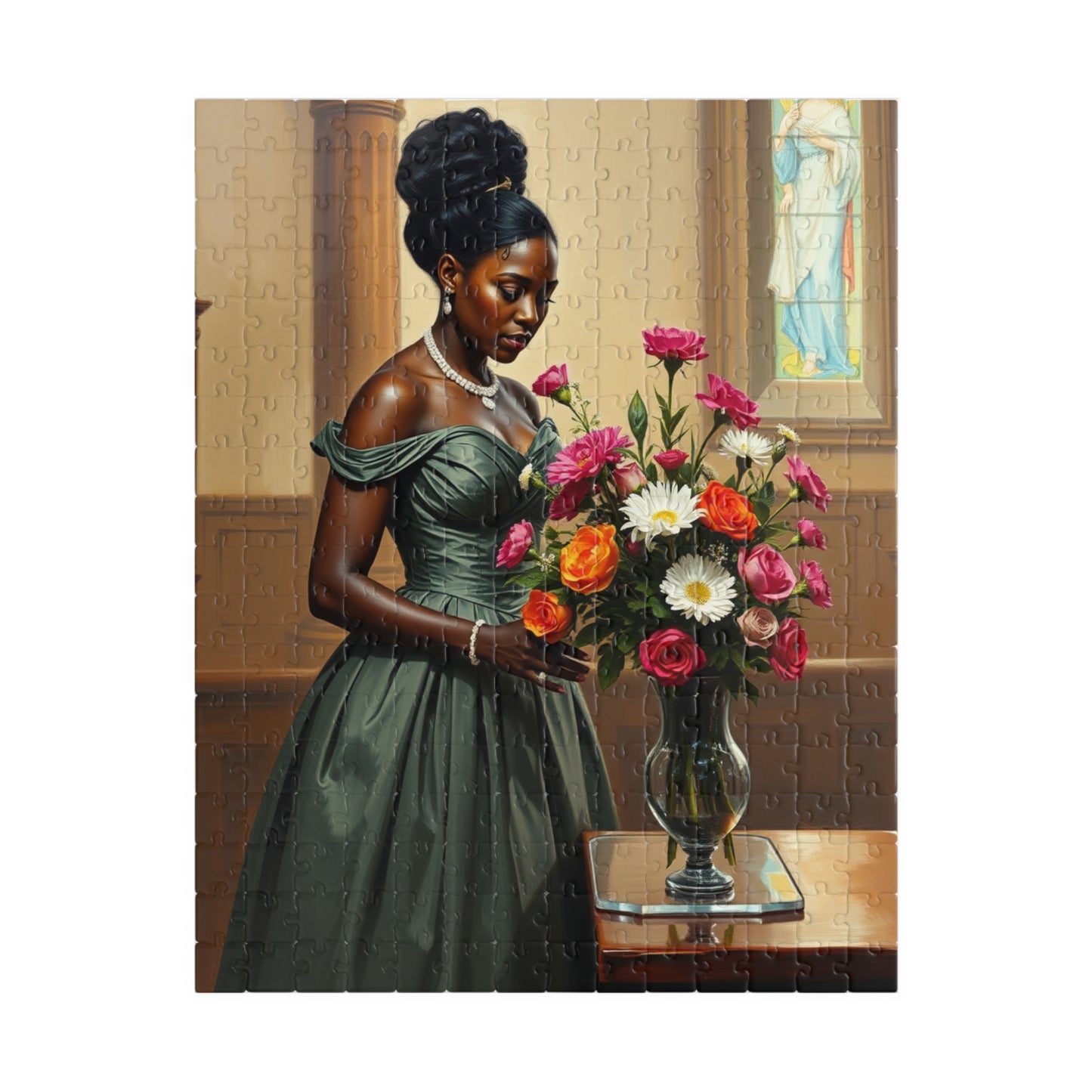 Elegant Black Woman Puzzle, Victorian Style African American Lady Arranging Flowers by Church Altar, Hobby Gift for Puzzle Lover 252 pcs (Vertical) Puzzle The Puzzle Chest