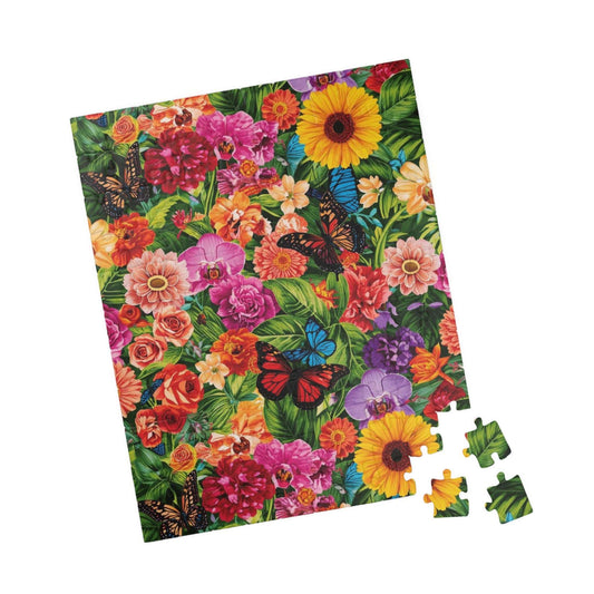 Garden Collage Jigsaw Puzzle – Overlapping Flowers, Butterflies, and Green Leaves in a Vibrant Nature Puzzle 110 pcs (Vertical) Puzzle The Puzzle Chest