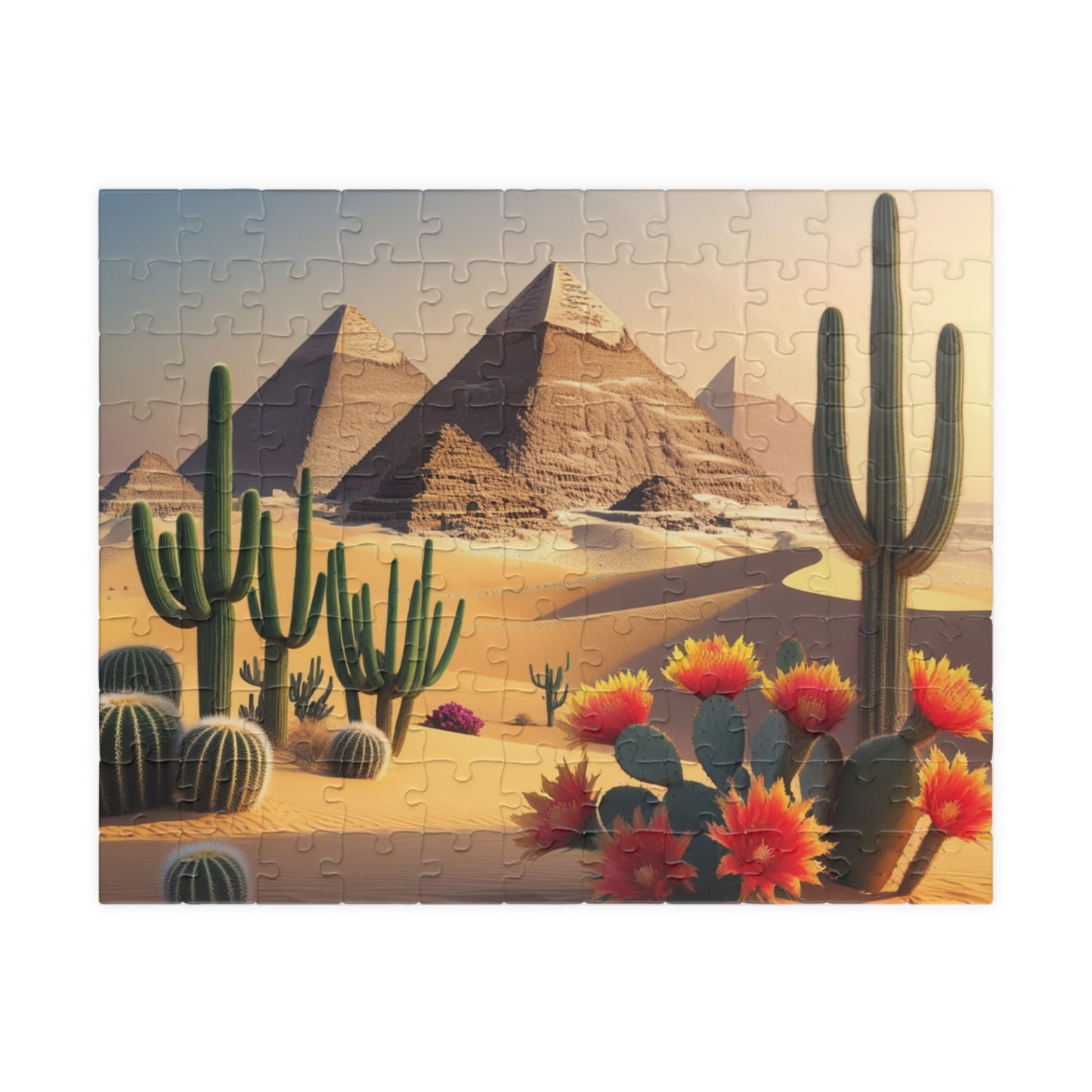 Pyramids of Giza Jigsaw Puzzle, Desert Landscape Cacti Prickly Pears Red Flowers, 110 252 520 1014-piece, Fun Egyptian Travel Hobby, Ancient 110 pcs (Horizontal) Puzzle The Puzzle Chest