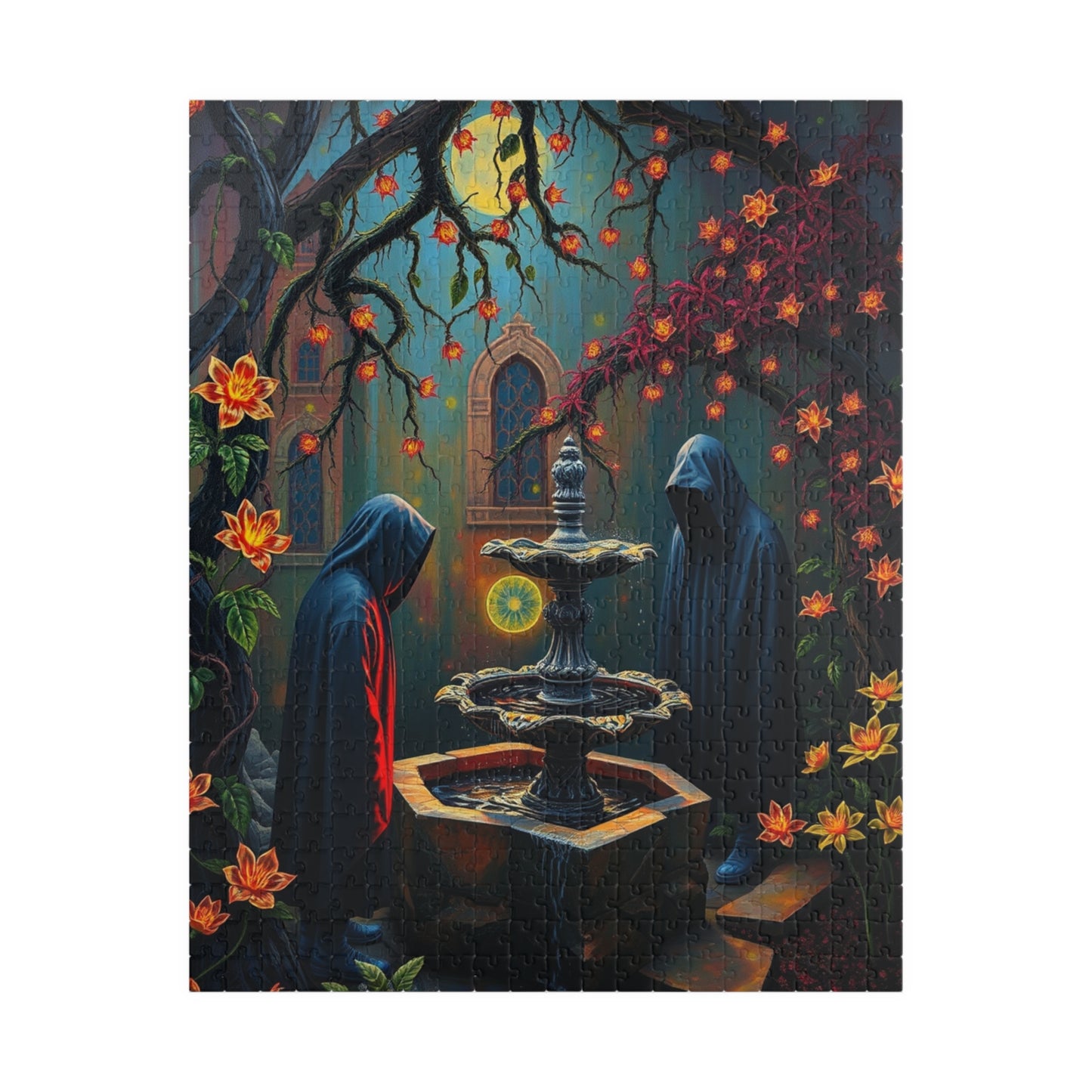 Ghostly Gothic Garden Puzzle, Dark Fantasy Scene with Glowing Flowers and Hooded Figures, Quiet Leisure Staycation Activity for Puzzle Lover 520 pcs (Vertical) Puzzle The Puzzle Chest