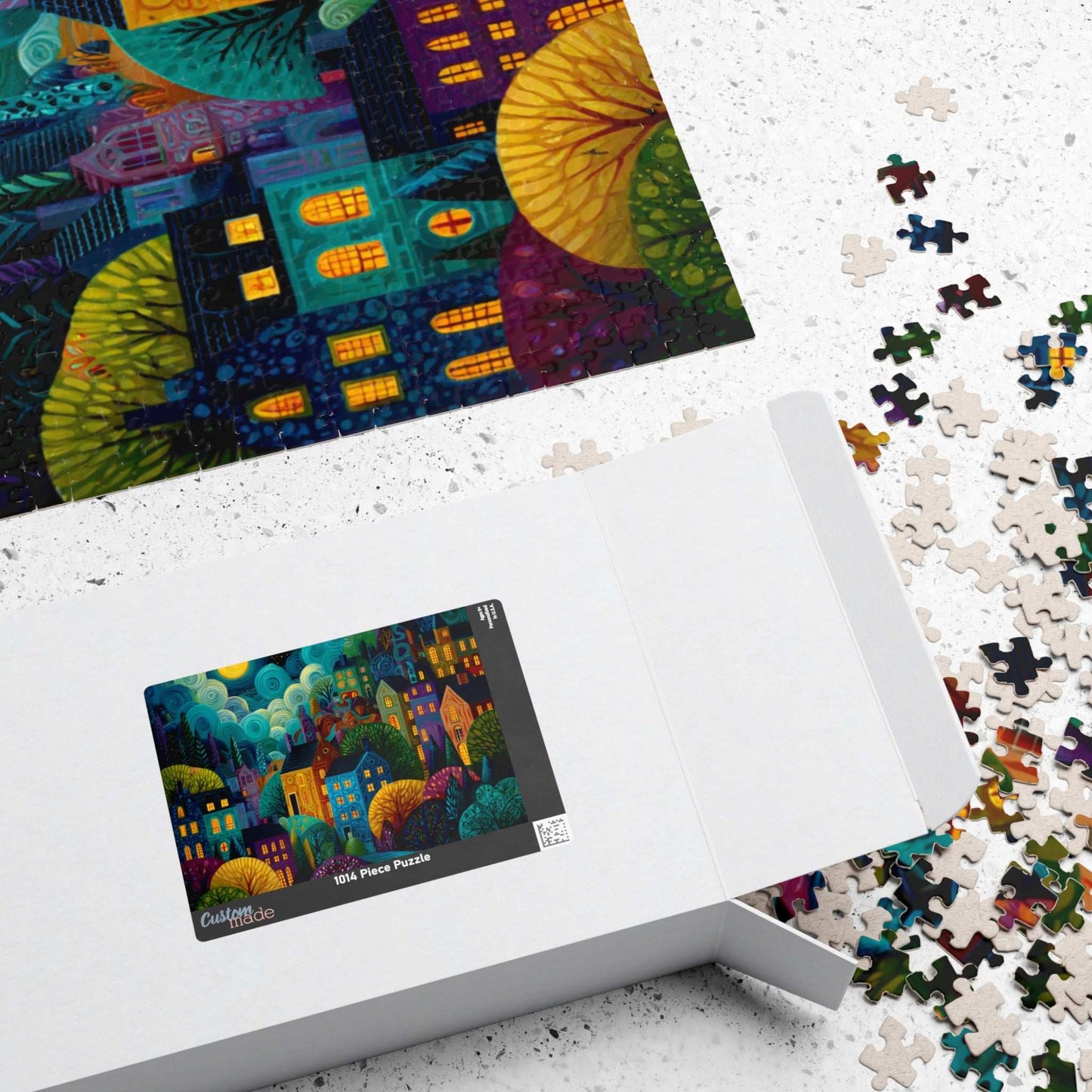 Whimsical Nighttime Village Puzzle - Fairytale Landscape with Colorful Houses, Glowing Windows, and Moonlit Sky Puzzle The Puzzle Chest