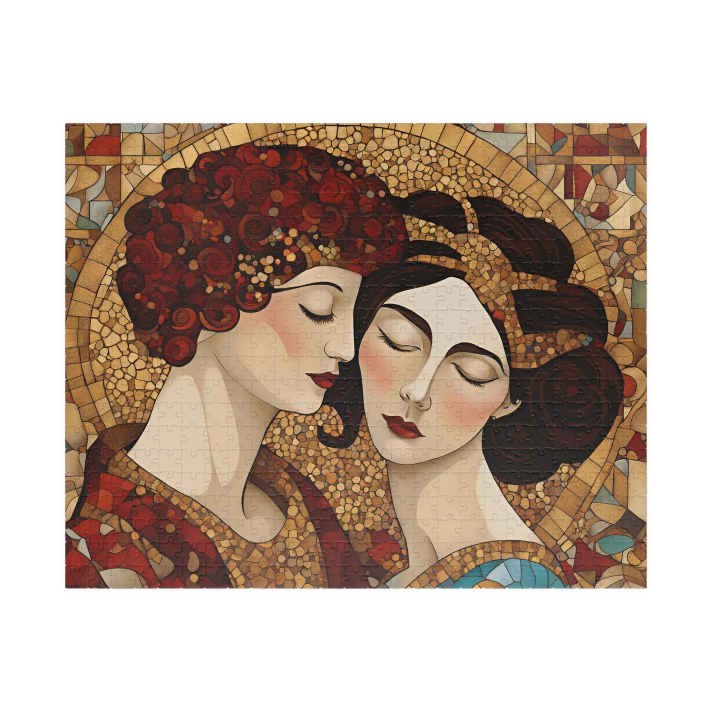 The Kiss Mosaic Jigsaw Puzzle, Klimt-inspired, Gold Accents Floral & Geometric Shapes Entwined Figures, Art Lover Gift Puzzle Enthusiast 520 pcs (Horizontal) Puzzle The Puzzle Chest