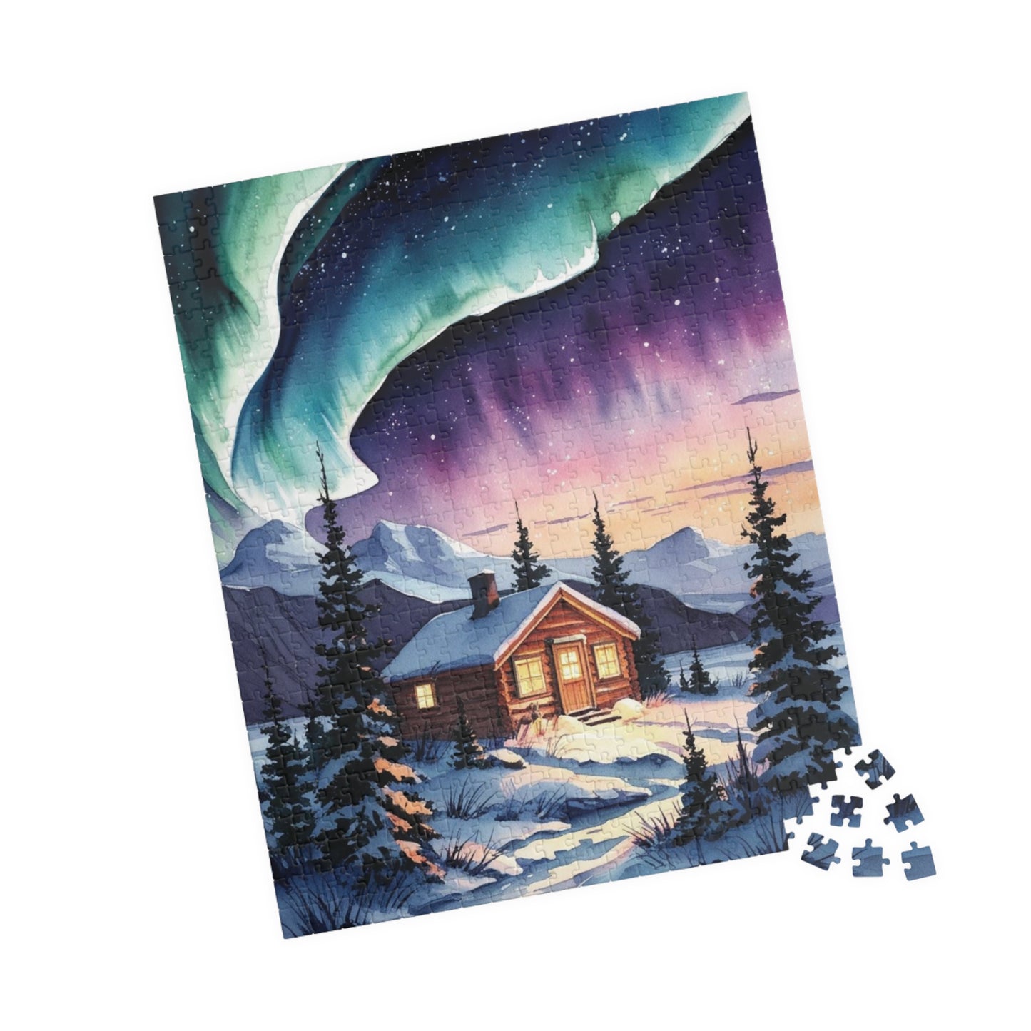 Northern Lights Landscape Puzzle, Aurora Borealis Snowy Cabin Watercolor Jigsaw Game, Hobby, Puzzle Lover Gift, Frameable Art, Relaxation Puzzle The Puzzle Chest