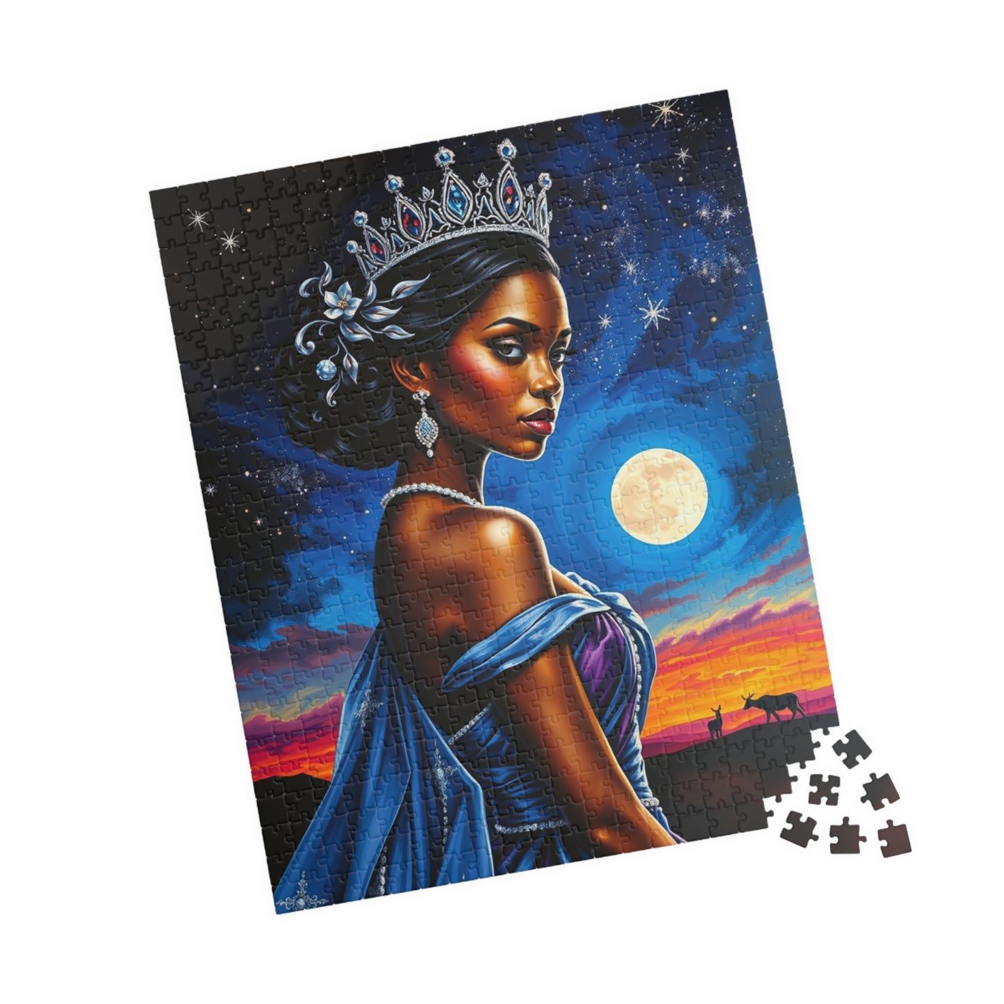 Celestial Themed African Princess Puzzle, Moon Stars Animal Silhouette, Vibrant Blue Afrocentric Game, Mindful Activity, Puzzle Lover Gift Puzzle The Puzzle Chest