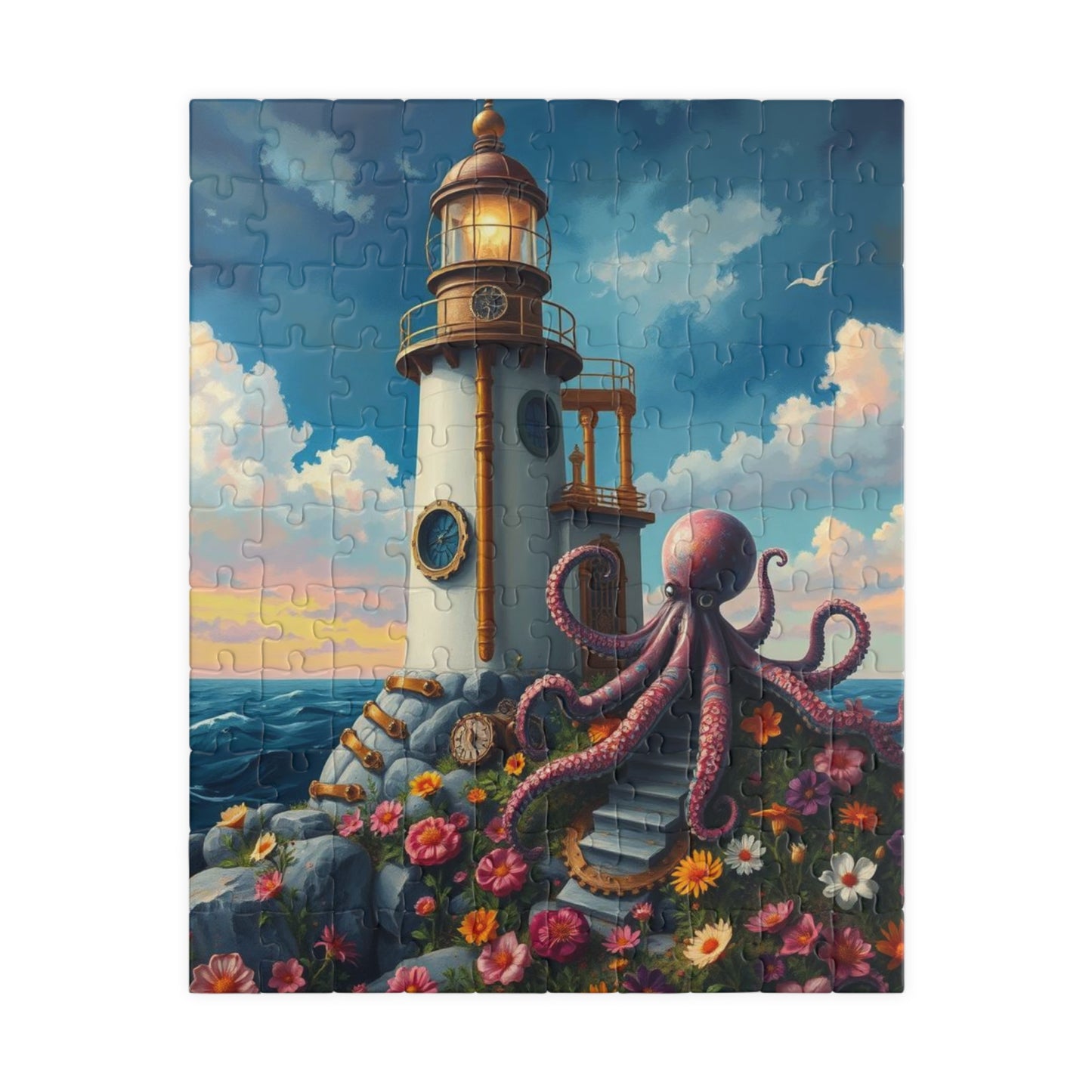 Whimsical Octopus Lighthouse Puzzle, 110 252 520 1014-piece Steampunk Animal Jigsaw, Fun Gift for Ocean Lovers, Family Game Night, Nautical 110 pcs (Vertical) Puzzle The Puzzle Chest