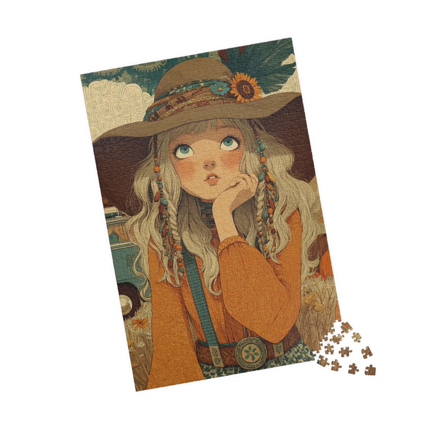 1970s Autumn Cowgirl Jigsaw Puzzle - Boho Meadow, Cartoon-Style Illustration Perfect Gift for Family, Friends, Creative Fun, Home Decor 1014 pcs (Vertical) Puzzle The Puzzle Chest