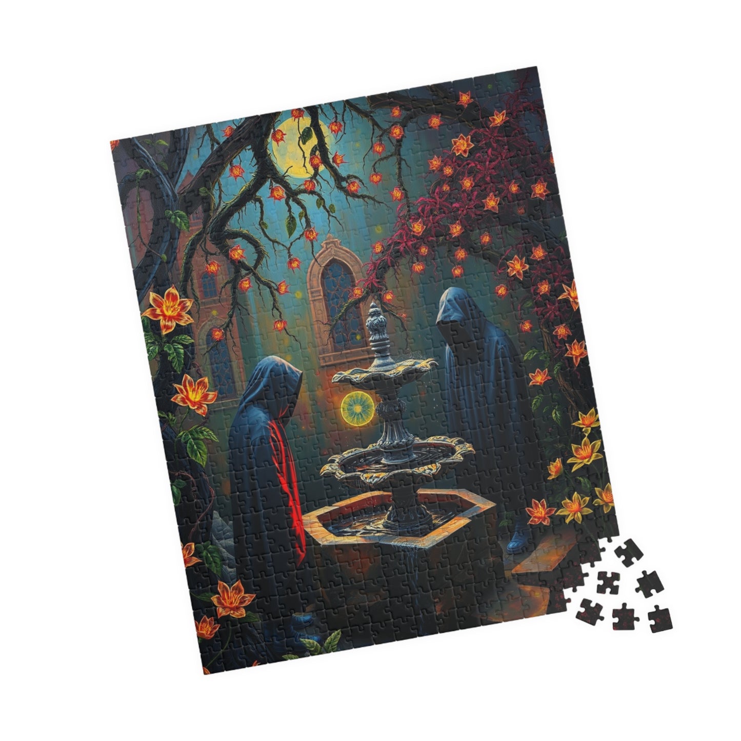 Ghostly Gothic Garden Puzzle, Dark Fantasy Scene with Glowing Flowers and Hooded Figures, Quiet Leisure Staycation Activity for Puzzle Lover Puzzle The Puzzle Chest