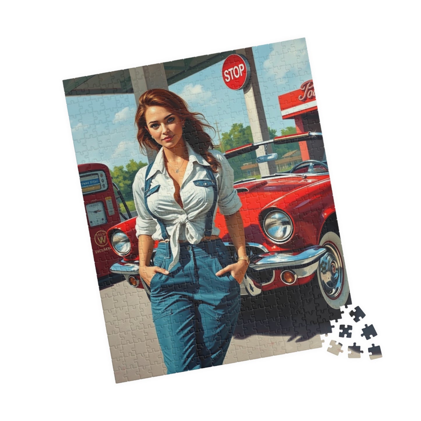Puzzle, Vintage Mechanic Woman and Red Convertible, Jigsaw Game for Adults, Classic Car Puzzle, Retro Gas Station Image, Brain Teaser Gift Puzzle The Puzzle Chest