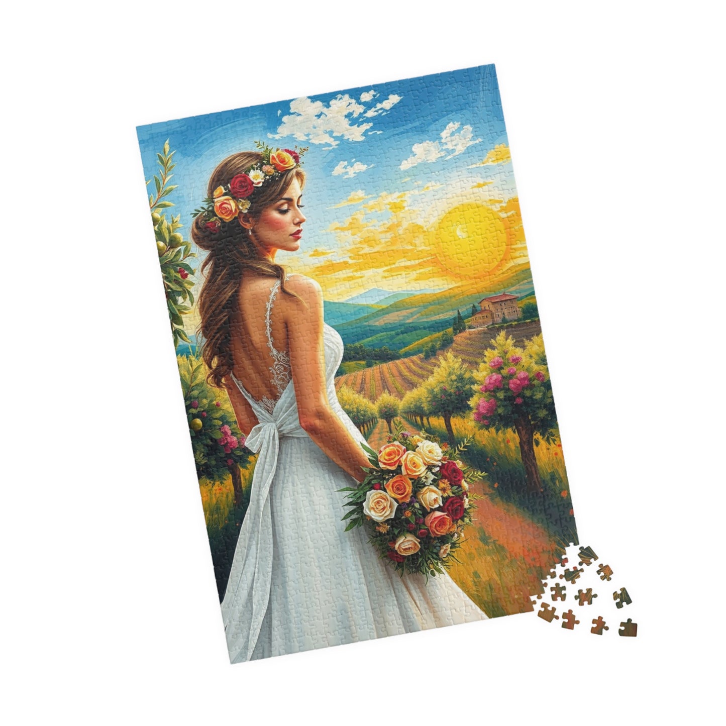 Romantic Italian Bride Jigsaw Puzzle, White Gown Floral Crown Rose Bouquet, Tuscan Wine Vineyard Romantic Wedding, Unique Puzzle Lover Gift Puzzle The Puzzle Chest