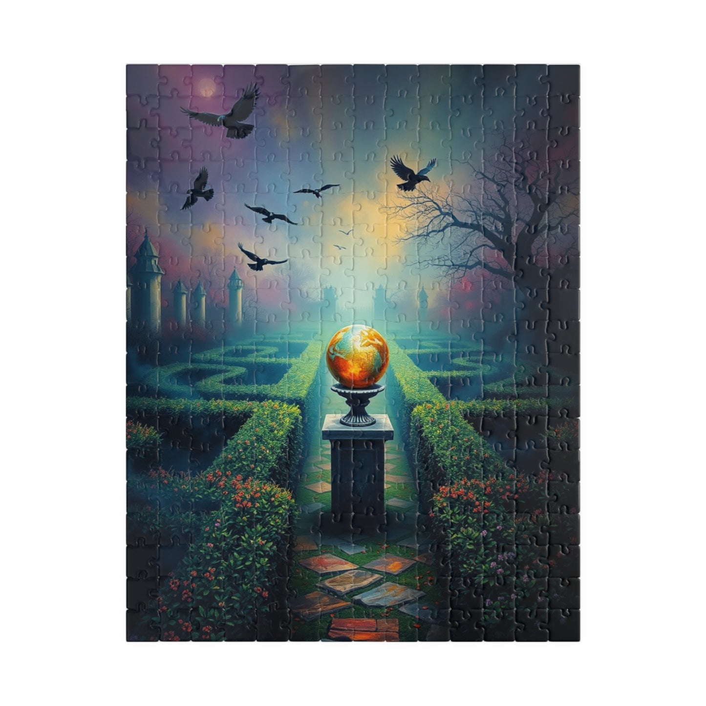 Gothic Garden Maze Puzzle, Mystical Scene with Glowing Orbs Crows and Fog, Magical Dark Art Jigsaw Game, Gift for Gothic-Themed Enthusiast 252 pcs (Vertical) Puzzle The Puzzle Chest