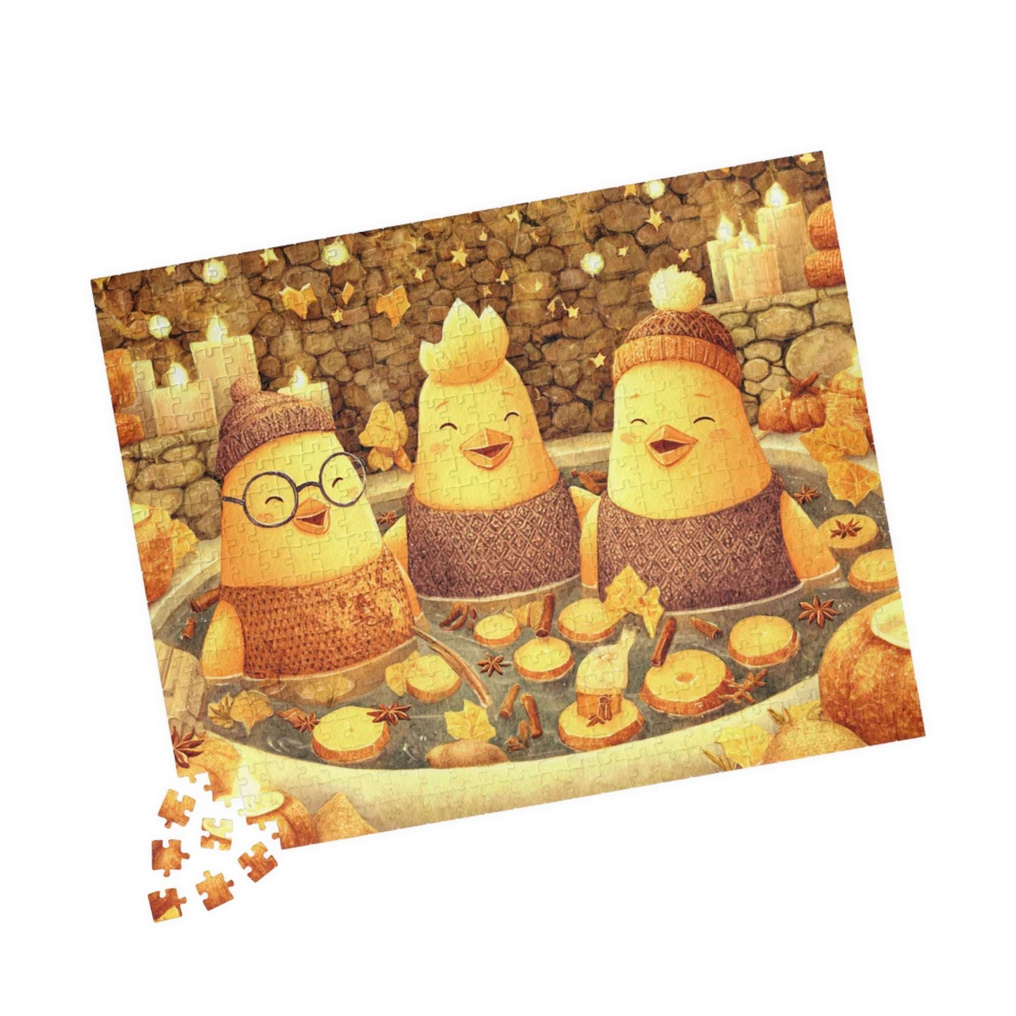 Pumpkin Spice Spa Chickens Puzzle – Cozy Fall Fairy-Tale Jigsaw, Autumn Fun Family Game, Cute Chick Characters 520 pcs (Horizontal) Puzzle The Puzzle Chest