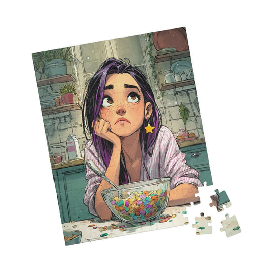 Funny Breakfast Cartoon Puzzle - Watercolor Jigsaw Game, Girl with Spill in Kitchen, Thoughtful Moments 110 pcs (Vertical) Puzzle The Puzzle Chest