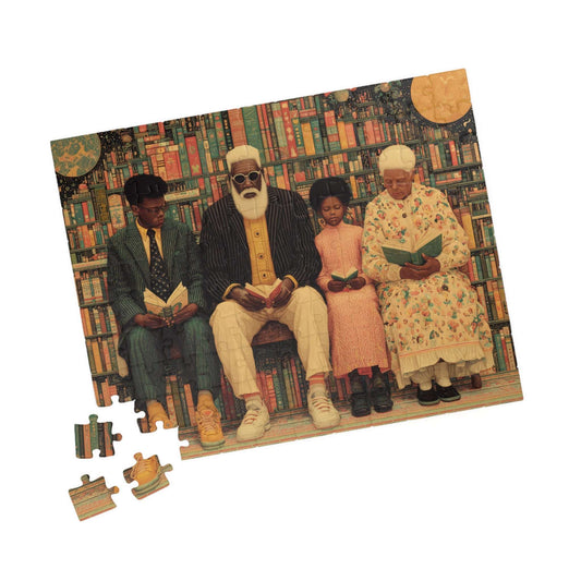 Black Art Jigsaw Puzzle - Afrocentric Community Library Scene with Family Reading Together, Thoughtful Holiday or Birthday Gift 110 pcs (Horizontal) Puzzle The Puzzle Chest